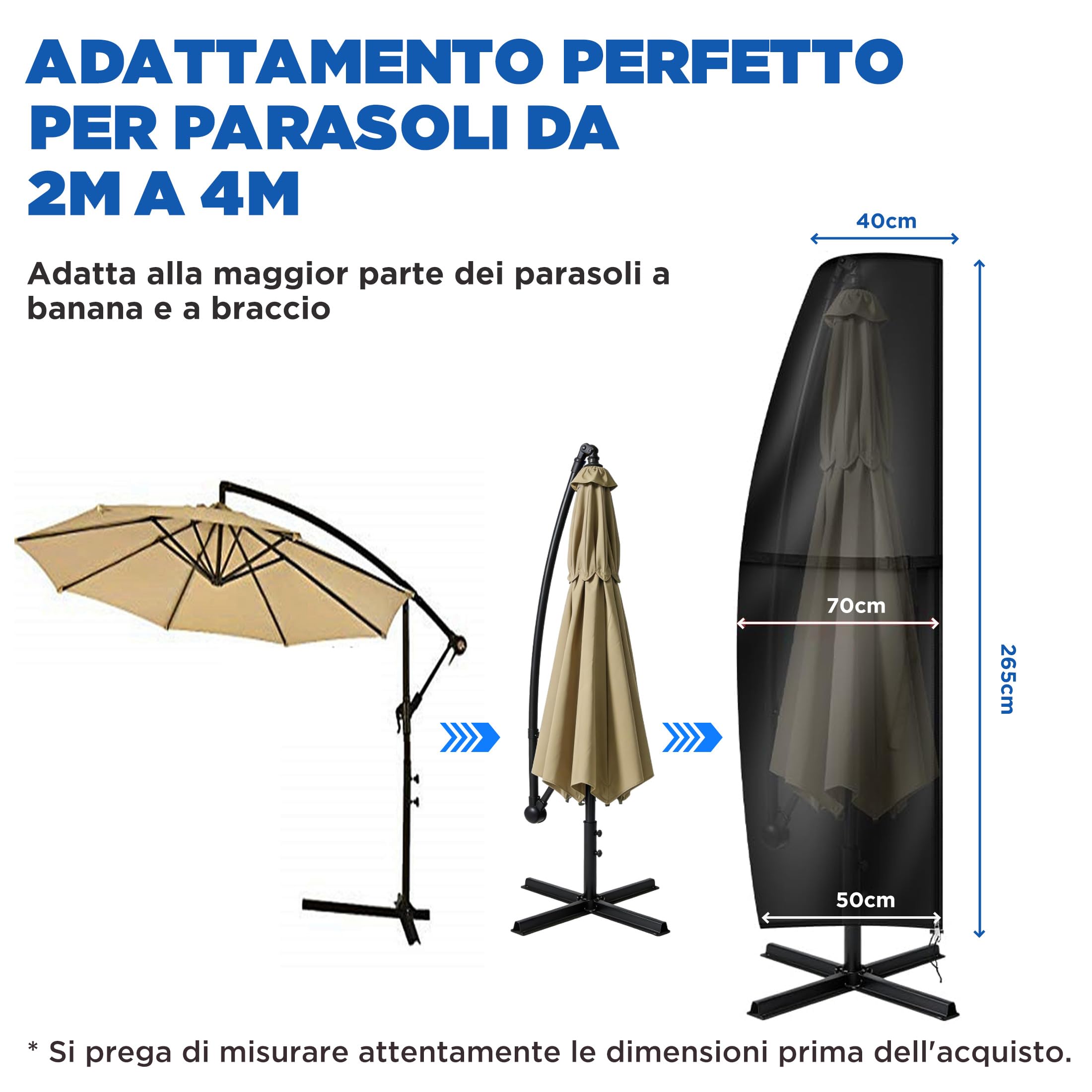Copri per Ombrellone da Esterno – Copertura Ombrellone da Giardino Impermeabile in Tessuto 420D, Telo Copriombrellone Universale per Ombrelloni da 2m a 4m, Dimensioni Multiple: 265X40/70/50cm
