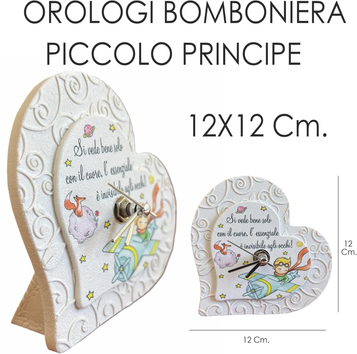 Regalami.Shop Set di 5 bomboniere Orologio con Piccolo Principe in Marmo di Carrara ricomposto, Completo di Scatola, bigliettino Coordinato e scatolina Porta Confetti (5, Cuore)