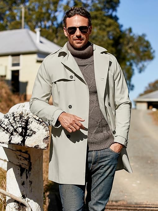 Cappotto Trench Uomo Doppiopetto Lungo - Elegante Con Cintura Per Look Formale - Foto 8