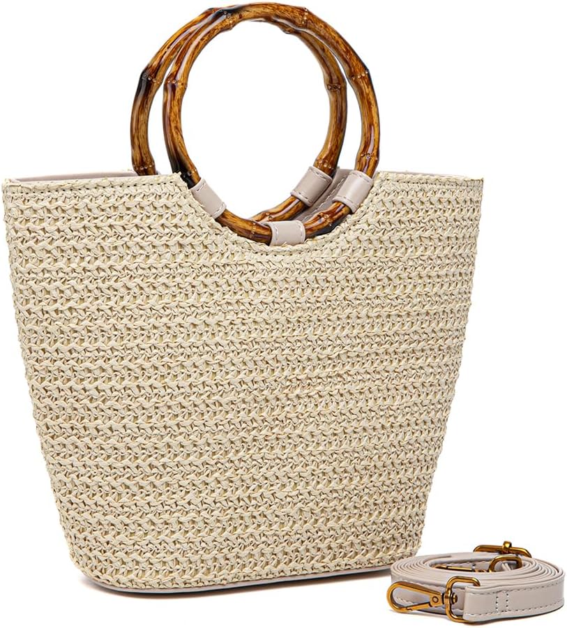 Small Resin Bamboo Handle Straw Tote Bag Summer Beach Purse For Women Vacation Top Handle Handbags