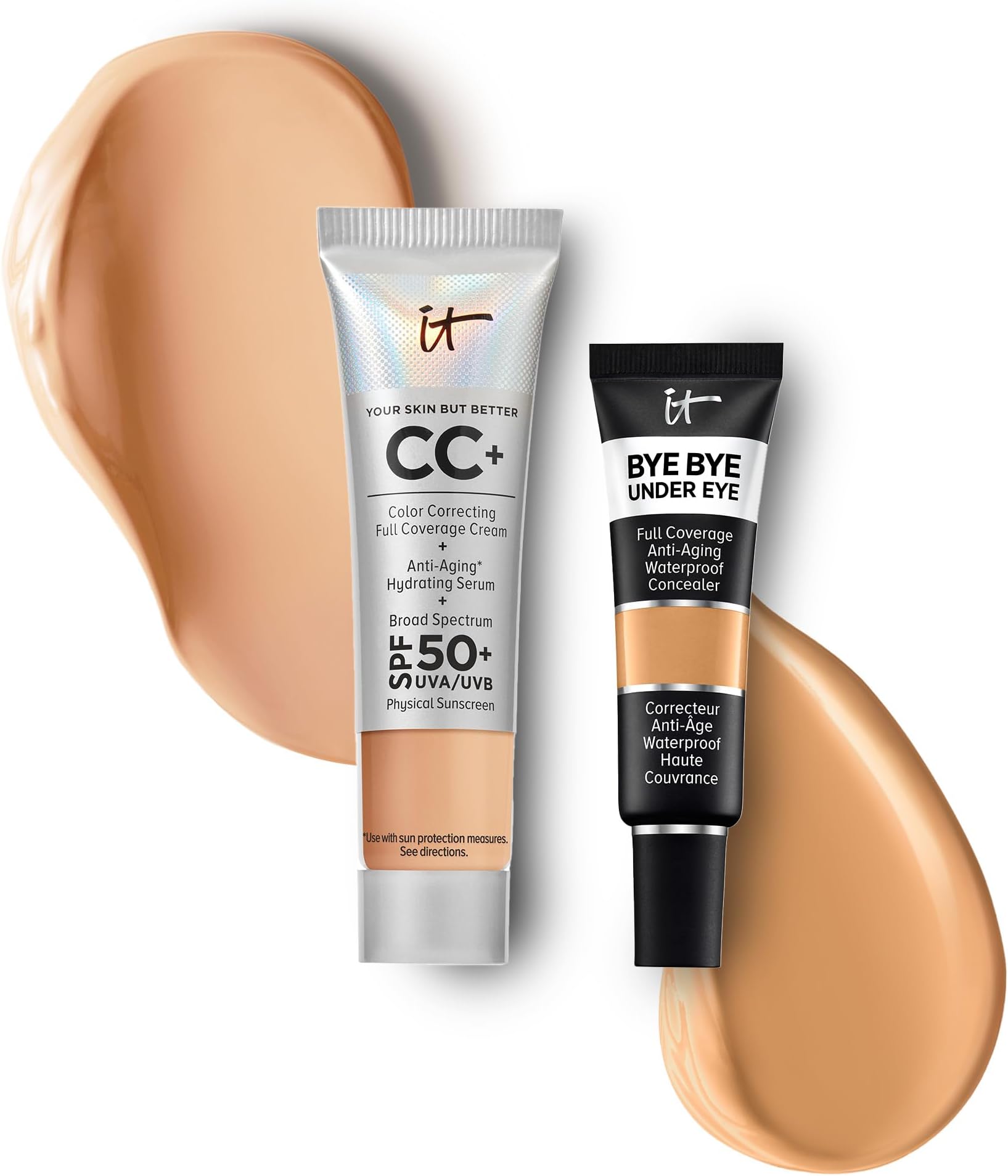 IT Cosmetics Travel CC+ Cream with SPF 50+ Natural Finish Full Coverage Foundation (Neutral Medium - 0.4 fl oz) & Bye Bye Undereye Concealer Anti-Aging Makeup (23.5 Medium Amber - 0.4 fl oz)