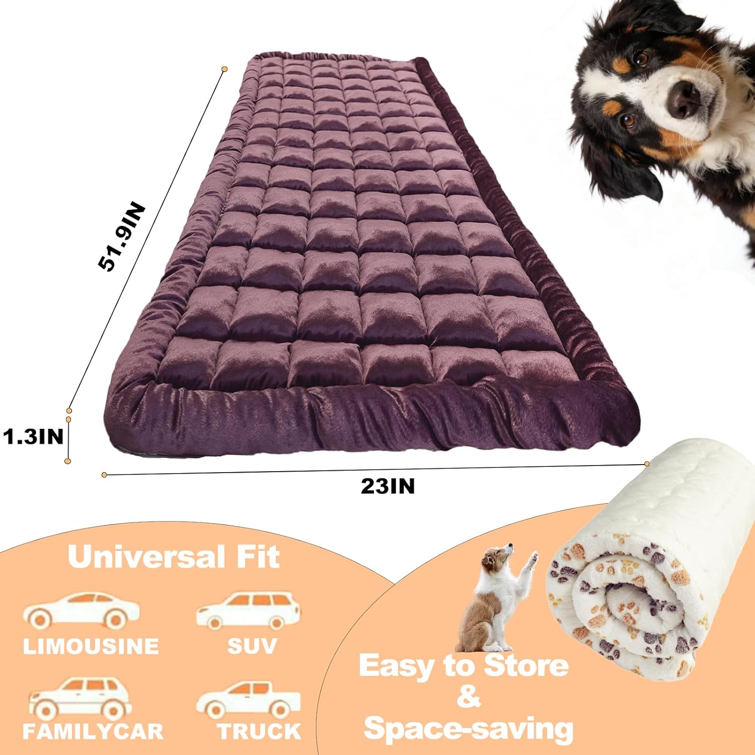 Dog Car Seat Cover for Back Seat, Purple Flannel Pet Bed Mat, Non-Slip Waterproof Bottom, Washable Dog Bed & Seat Protector for Cars SUVs Trucks, Fits Backseat Extenders, 59.1 x 23 Inches