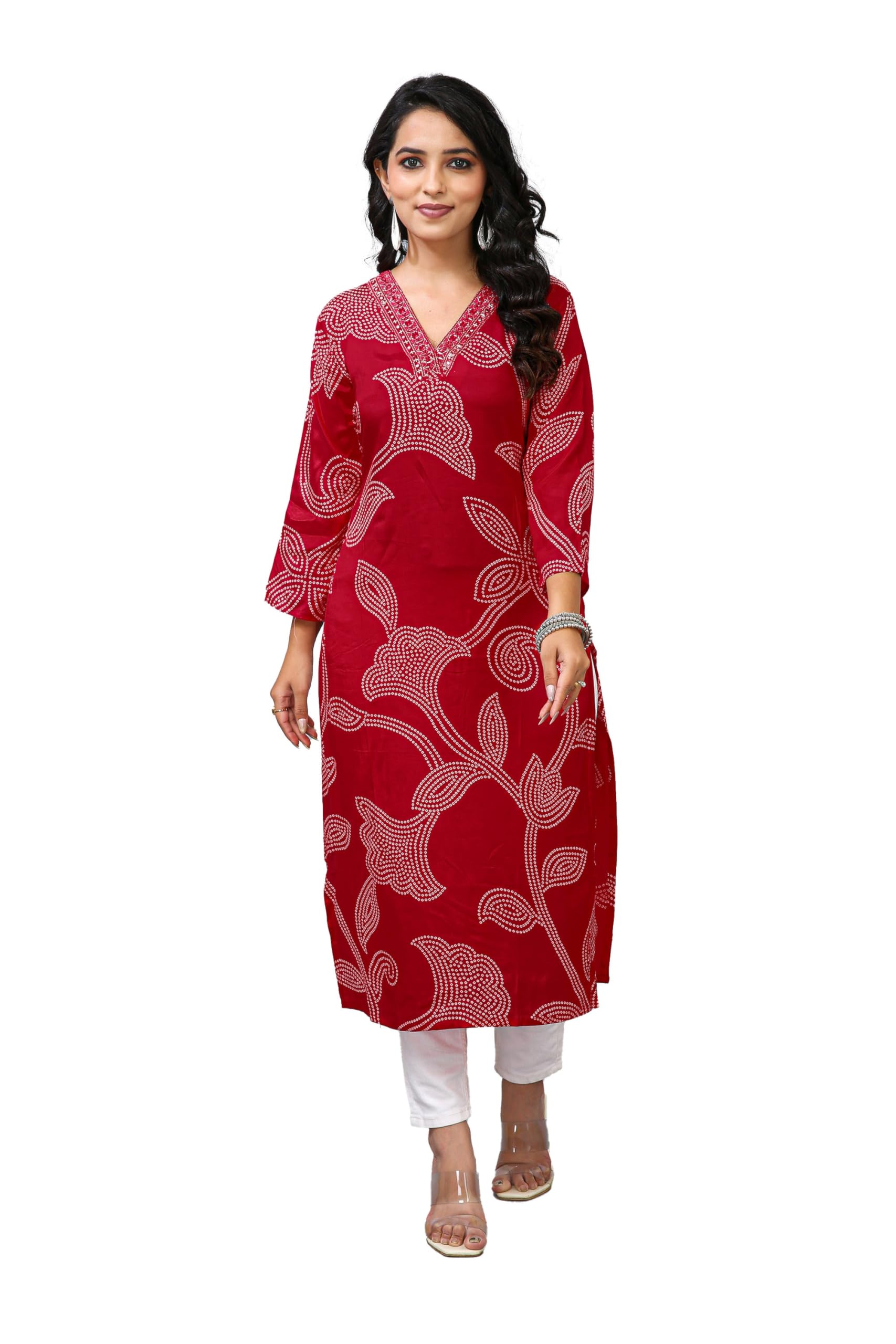 Ladyline Bandhani tunica da donna in seta con ricamo e specchio | manica a 3/4 scollo a V etnico kurti top