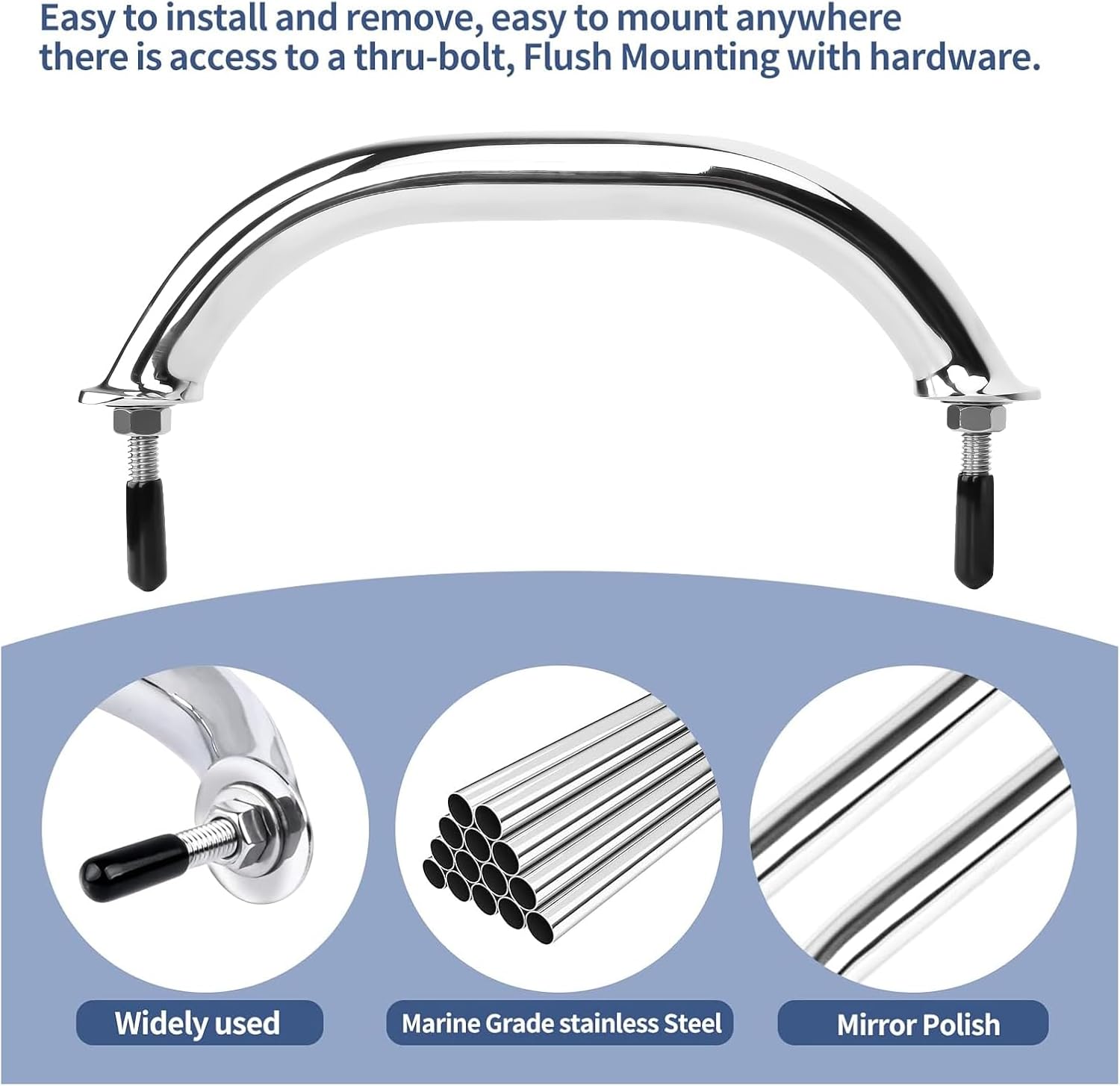 2PCS Stailess Steel Boat Grab Handle Polished Round Tube Marine Handrail with Flange & Stud - 8" Long