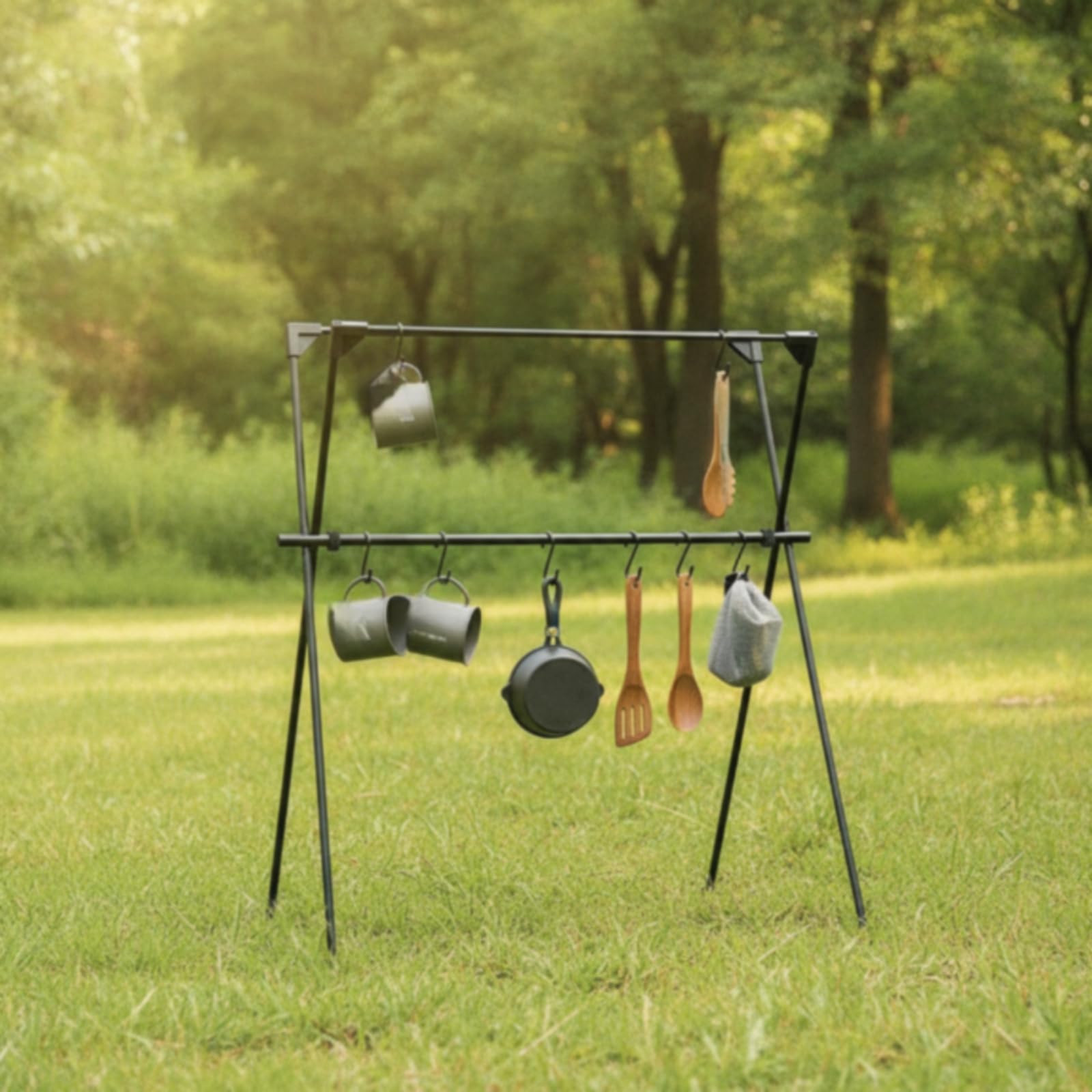 Amagogo Outdoor Lagerregal Camping Hängeregal Aufbewahrungsständer Organizer Hakenleiste mit Robustem Dreiecksrahmen aus Metallverbund Tragbar mit Tragetasche für Zeltlager Festival Garten