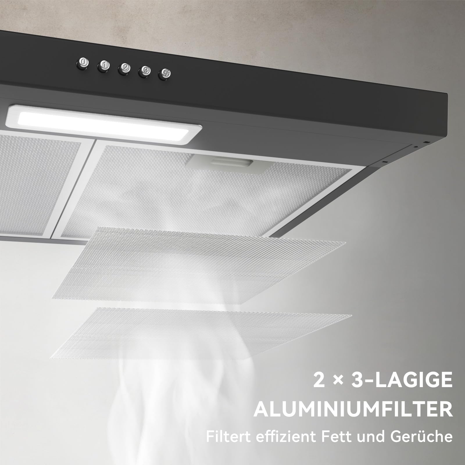 Hermitlux Dunstabzugshaube Unterbau 60cm Abluft Umluft 360 m³/h Kohlefilter Schwarz