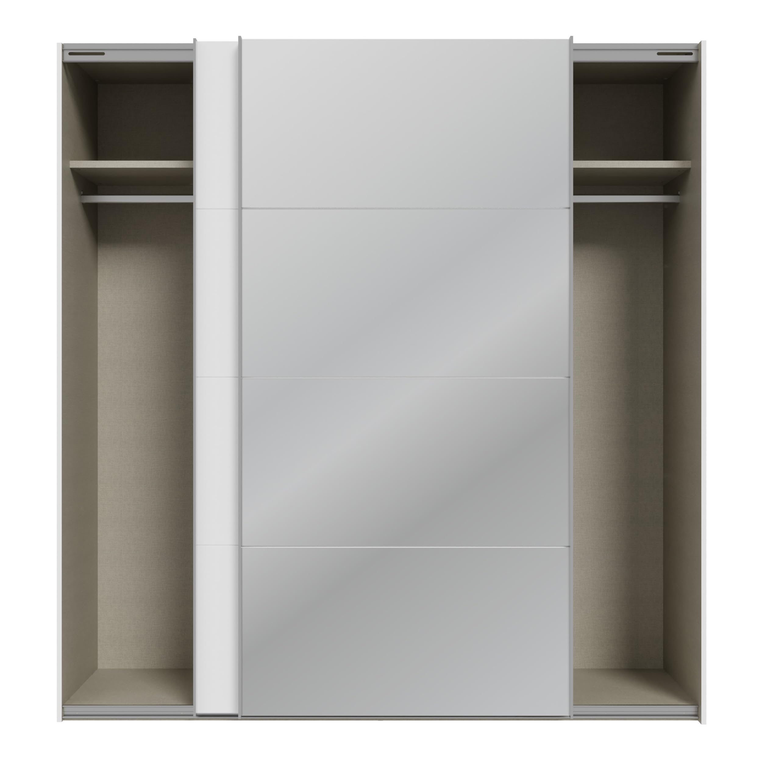 Forte SOPHISTISPACE Kleiderschrank 200, moderner Schwebetürenschrank, 2-türig, Einlegeböden, Kleiderstangen, Spiegel, Holzwerkstoff, Weiß, 200,1 cm breit x 210,5 cm hoch x 62,9 cm tief