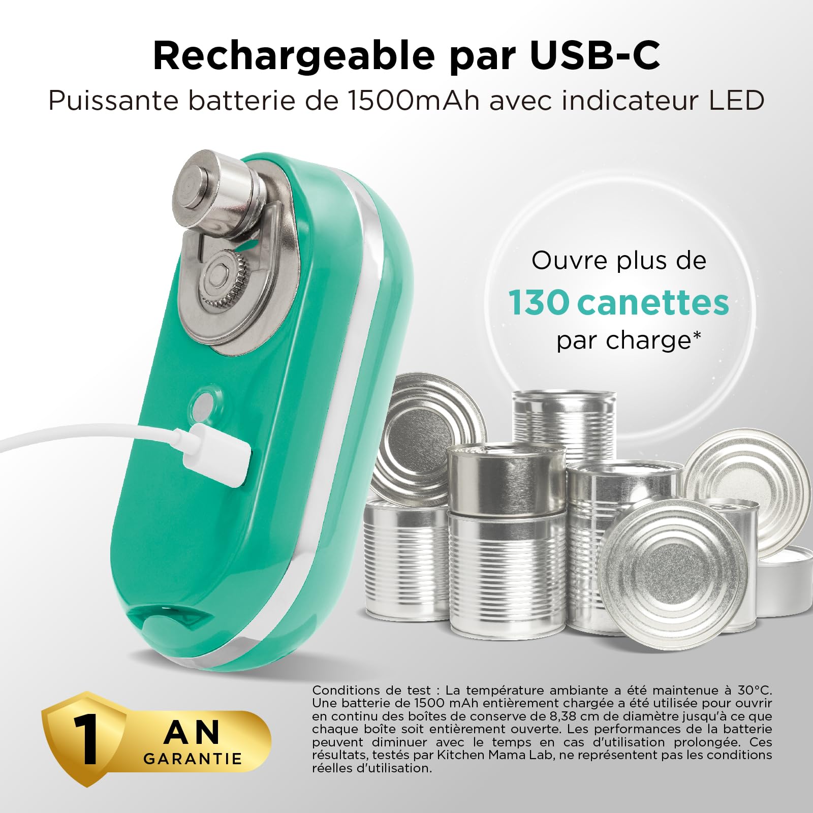 Kitchen Mama Mini Plus Ouvre-boîte électrique rechargeable : Compact, chargement de type C, mains libres, arrêt automatique, bord lisse, sans danger pour les aliments (Turquoise)