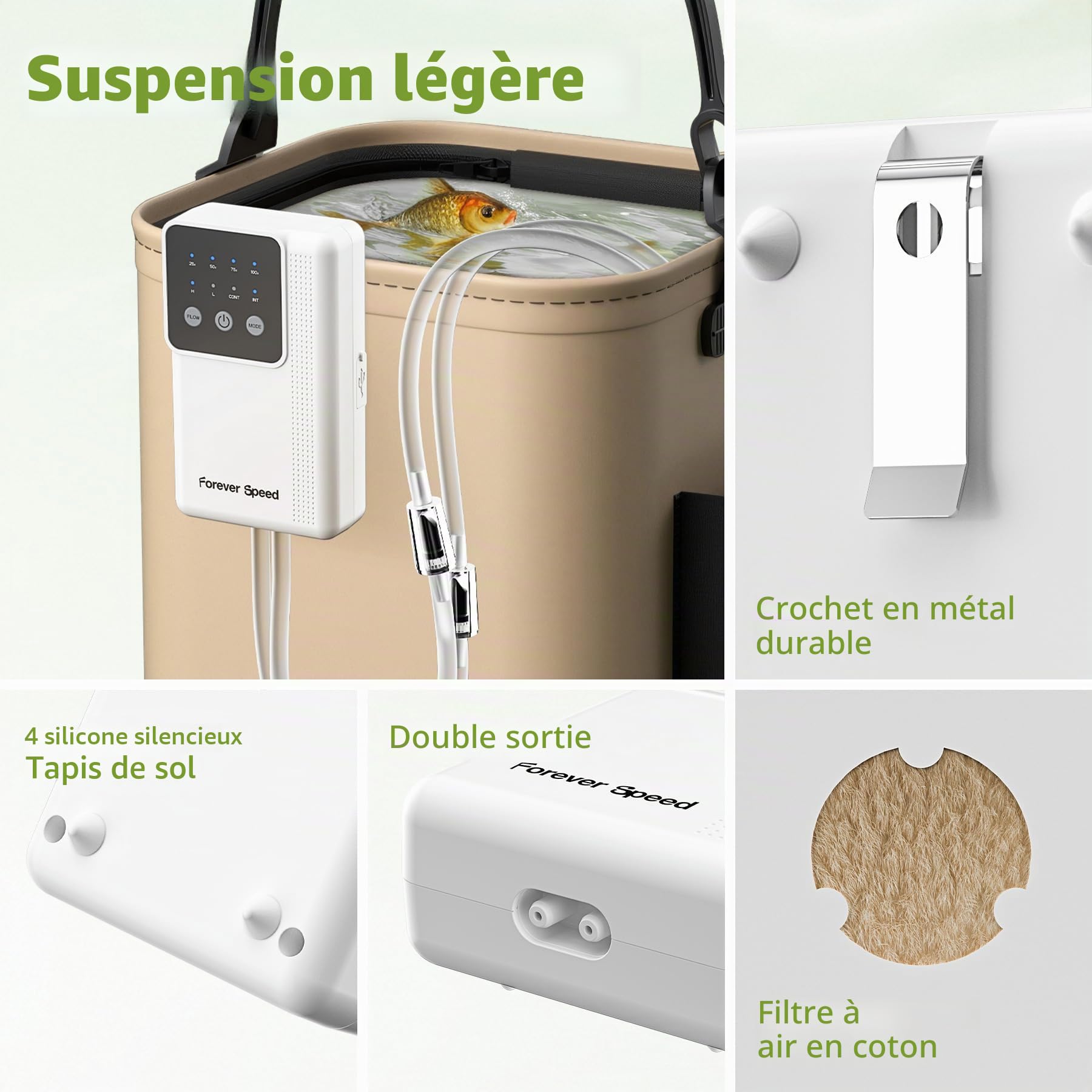 Forever Speed Pompe à air pour Aquarium LED Rechargeable, Réglable Pompe à air Aquarium avec Batterie avec 2 Sorties pour la Pêche en Extérieur