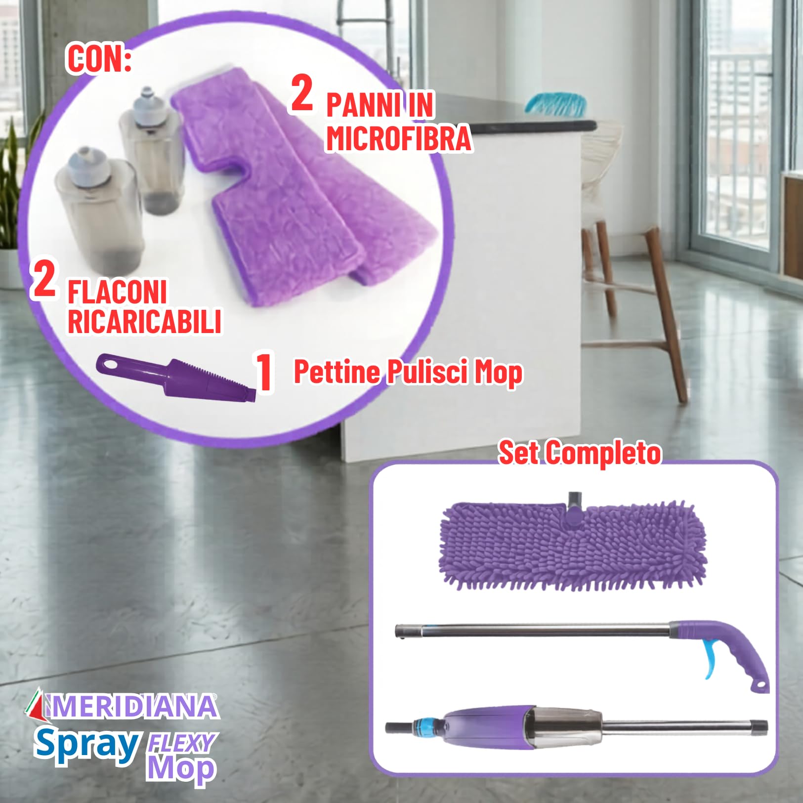 Meridiana Scopa Lavapavimenti a Spruzzo, Spray Mop Flexy mocio lavapavimenti, Piastra Ribaltabile 2 in 1, 2 Flaconi Ricaricabili e 2 Panni in Microfibra per lavare e 1 Panno cattura polvere duplefax