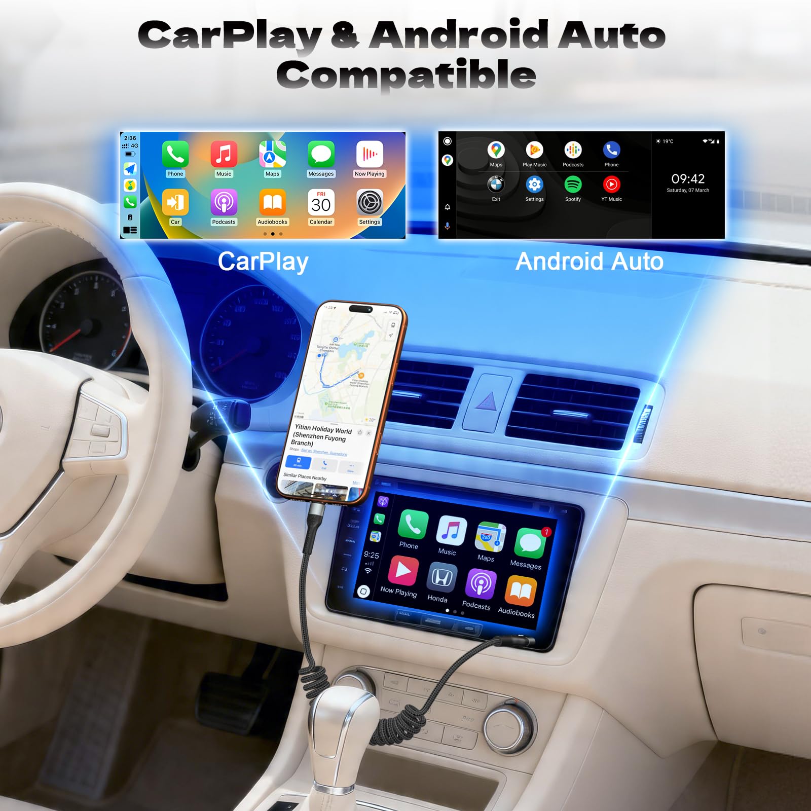 Cable USB A a USB C, paquete de 2 unidades de 4 pies, cable de resorte retráctil en espiral, carga rápida para Apple CarPlay, compatible con iPhone 17, 16, 15, Samsung Galaxy, Google Pixel LG