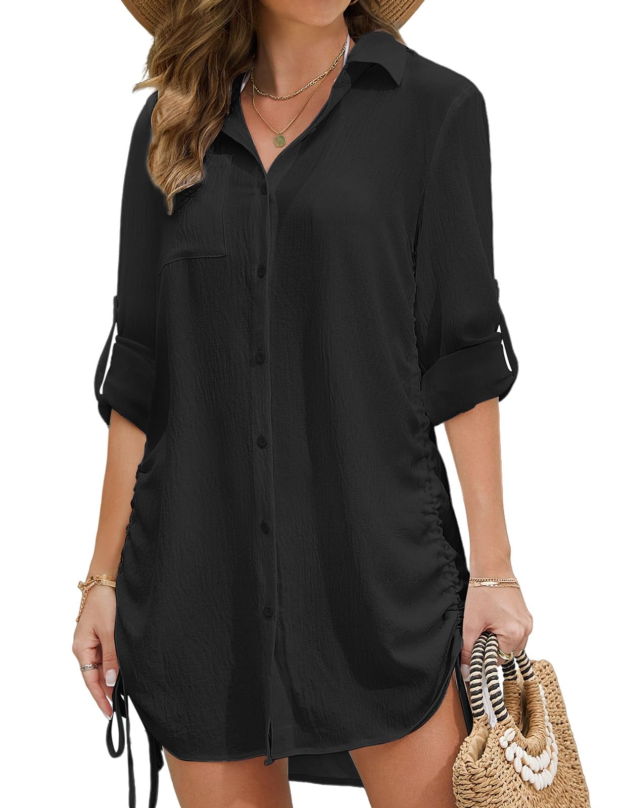 Voqeen Mujer Vestido de Playa Verano Cuello en V Cárdigan con Cordón con Botones Pareos y Camisolas de Bikini Cover up Traje de Baño Largo Blusas Suelto Tunica Color Sólido Vacaciones