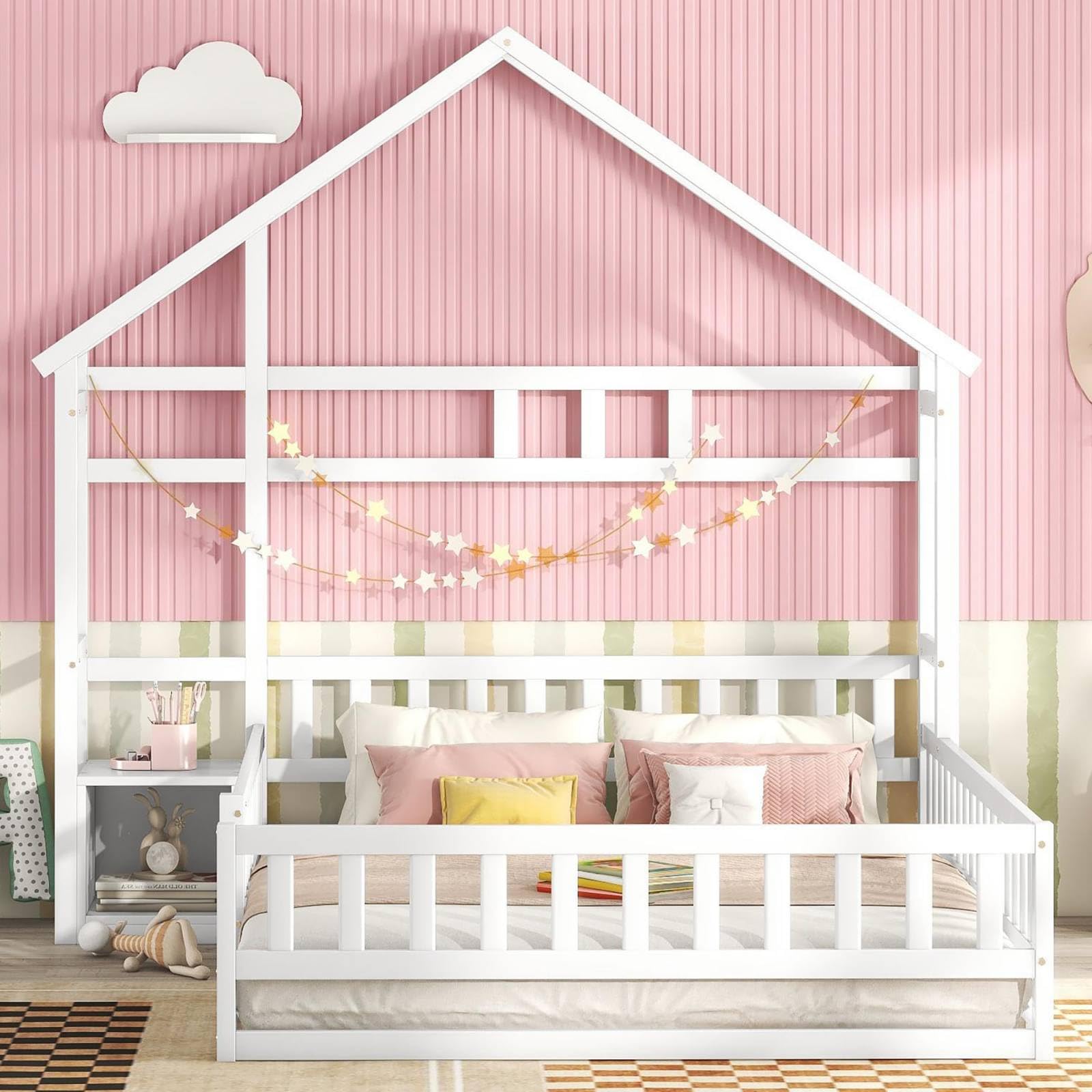KOMHTOM Cama infantil con mesita de noche, 140 x 200 cm, cama de casa con cercado, marco de cama, soporte para listones de madera, para niños, adolescentes (sin colchón)