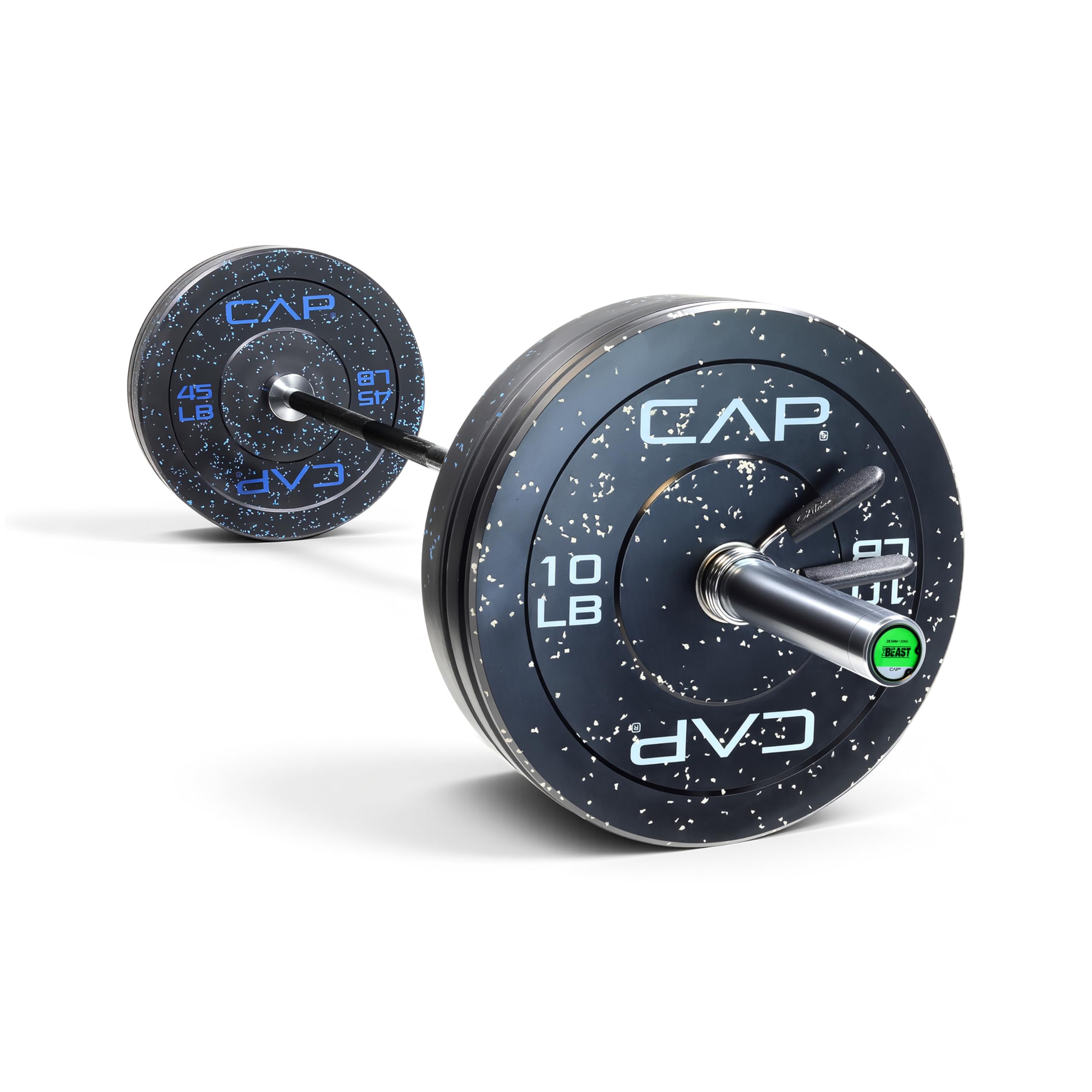CAP Barbell 160 lb Economy - Speckled Olympic Weight Set with 7ft Black/Chrome Barbell &amp; Black Bumper Plates with Color Logo