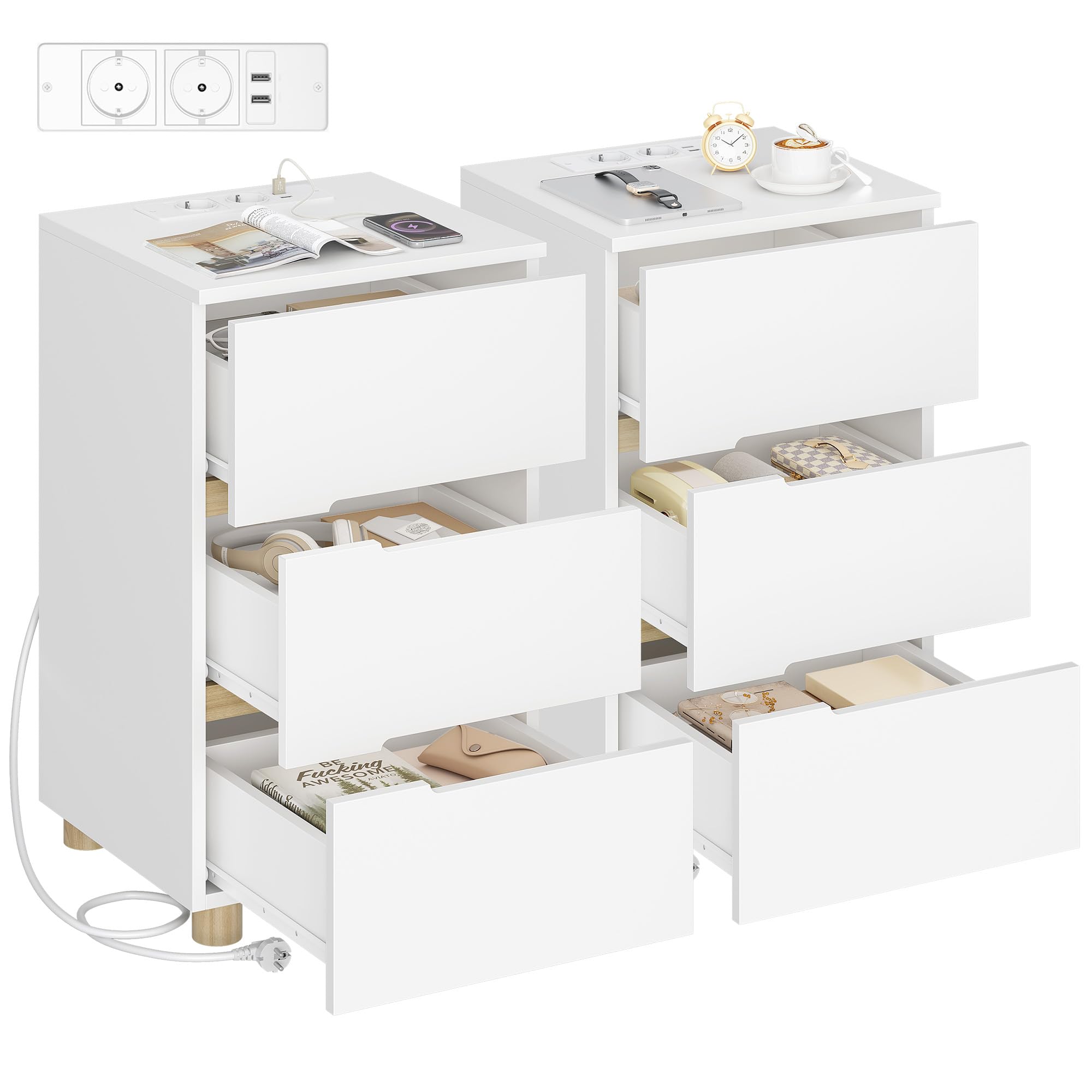 Hzuaneri Juego de 2 Mesilla de Noche, con 3 Cajones, Estación de Carga (2 Tomas AC, 2 Puertos USB), Estilo Minimalista Moderno, para Dormitorio, Salón, 35 x 40 x 65 cm, Blanco NS33403XEU