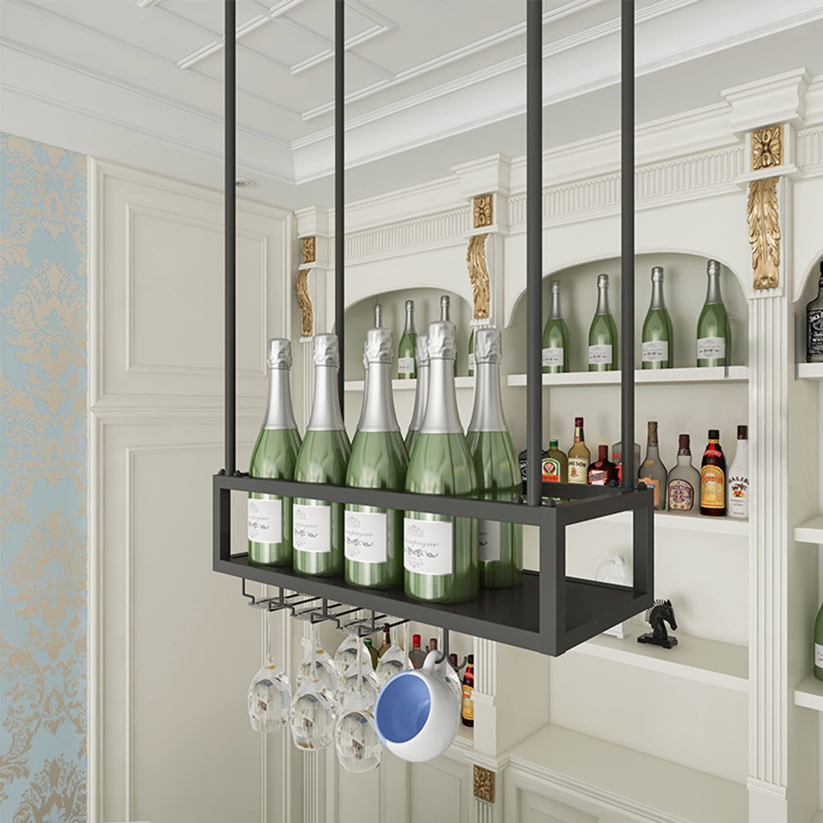 Portabottiglie E Bicchieri Da Soffitto O Parete In Ferro - Regolabile - Espositore Per Vino Nero - Decorazione Moderna Per Cucina E Bar