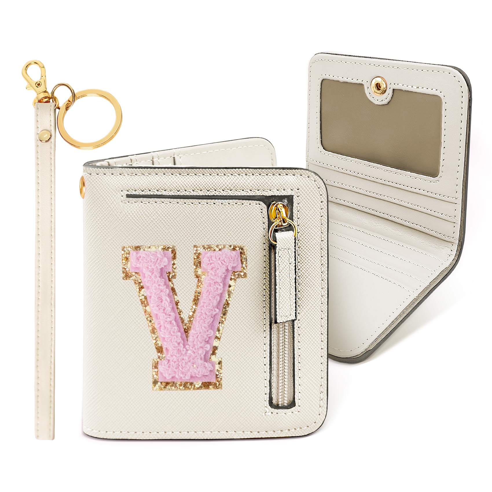 COSHAYSOO Preppy Wallet Gifts for Teen Girls Women Small Wallet RFID Bifold PU Leather Christmas Valentines Easter Mothers Fathers Day Nurse Appreciation Graduation Gifts Chenille Letter V Cream