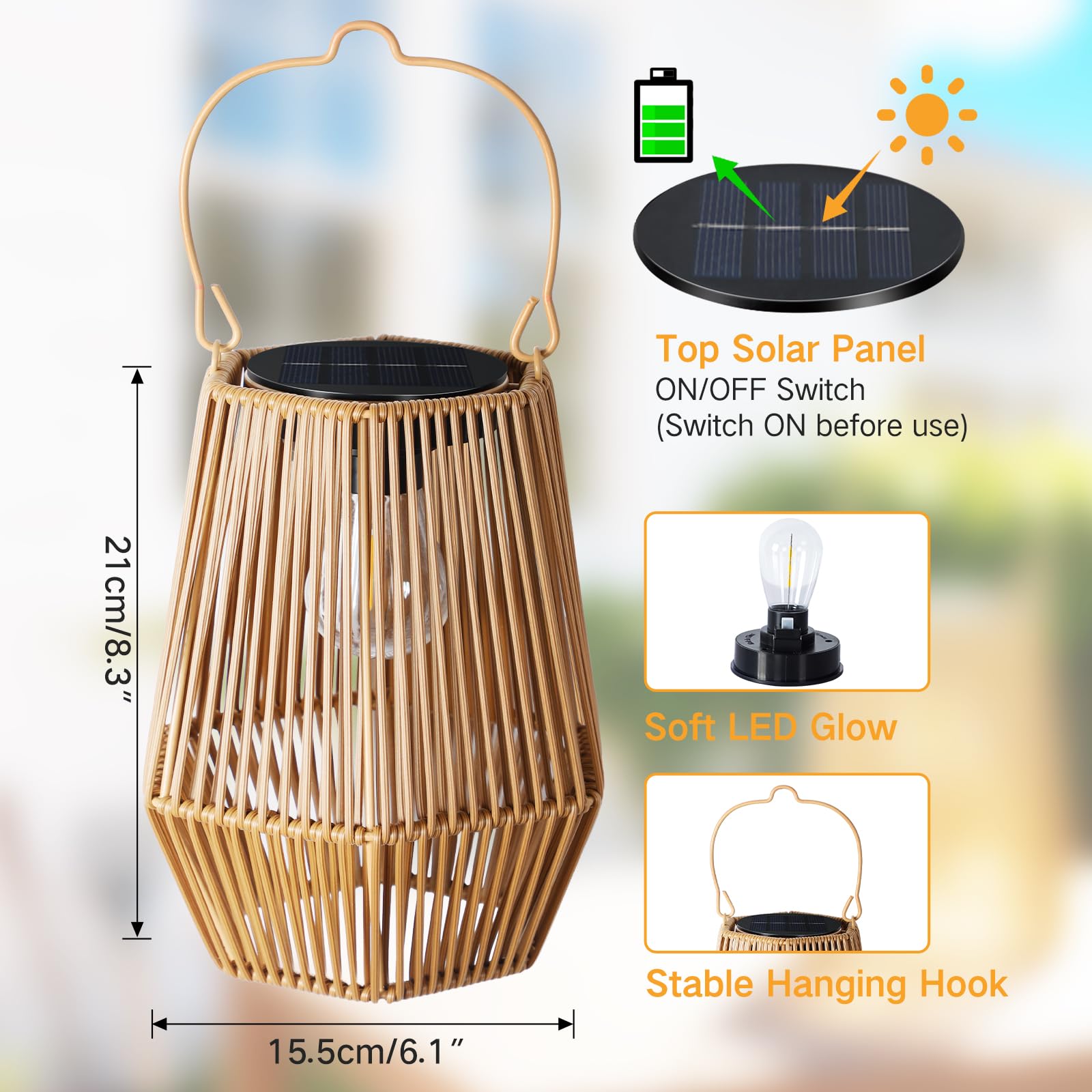 Set de 2 Faroles Solares Exterior, Colgantes o de Pie, Ratán con LED, Impermeables, Encendido/Apagado Automático, Artesanales y Decorativos para Jardín, Terraza, Balcón