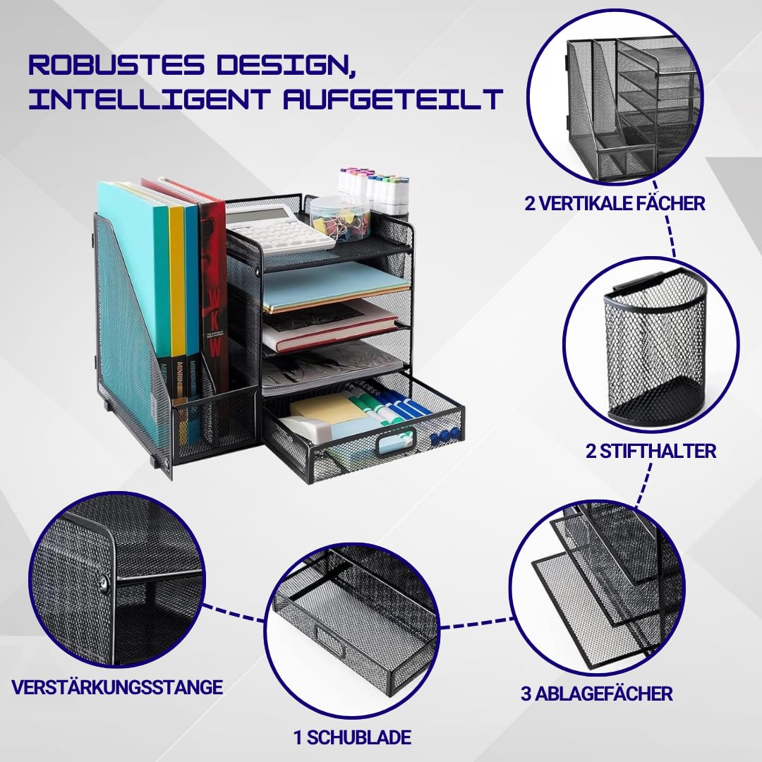 Lukana Schreibtisch Organizer mit 5 Ablagen – Briefablage, Stiftehalter & Schublade – Büro Organizer aus Metall Mesh – Dokumentenablage A4 – Platzsparend Schwarz