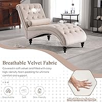 Vista 7 de Tumbona para interiores, moderna silla tapizada de terciopelo con botones y patas de madera maciza y almohada lumbar, sofá reclinable individual