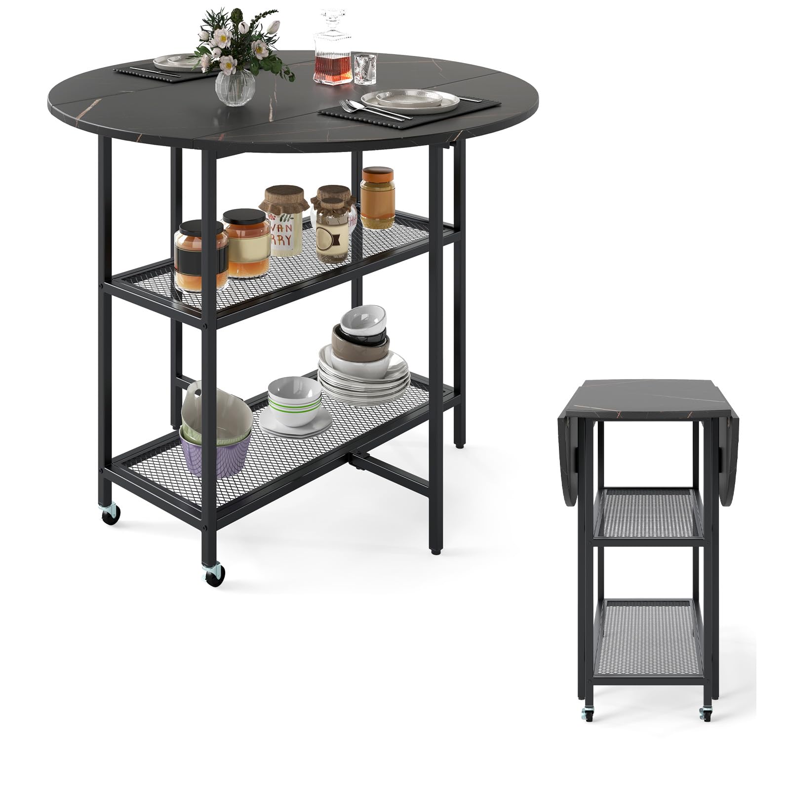 LIFEZEAL Tavolo da pranzo rotondo, 100 cm, tavolo da cucina moderno con piano pieghevole, struttura in marmo, struttura in metallo, mobile allungabile pieghevole per interni con 2 ruote (nero)