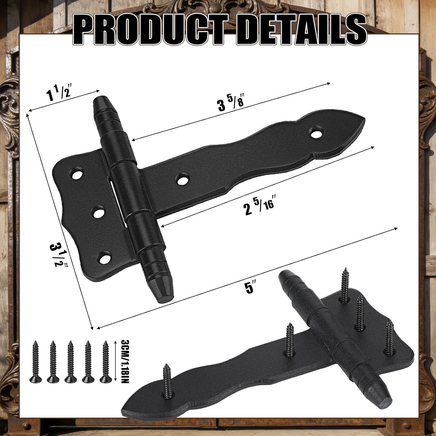 4 Pack 5'' Antique Cast Iron Vintage Heavy Duty T Hinges with Hardware Decorative Black Powder Coated Wrought Iron Shed Door Hinge for Barn Doors Gates Cabinets Wardrobes Windows Furniture