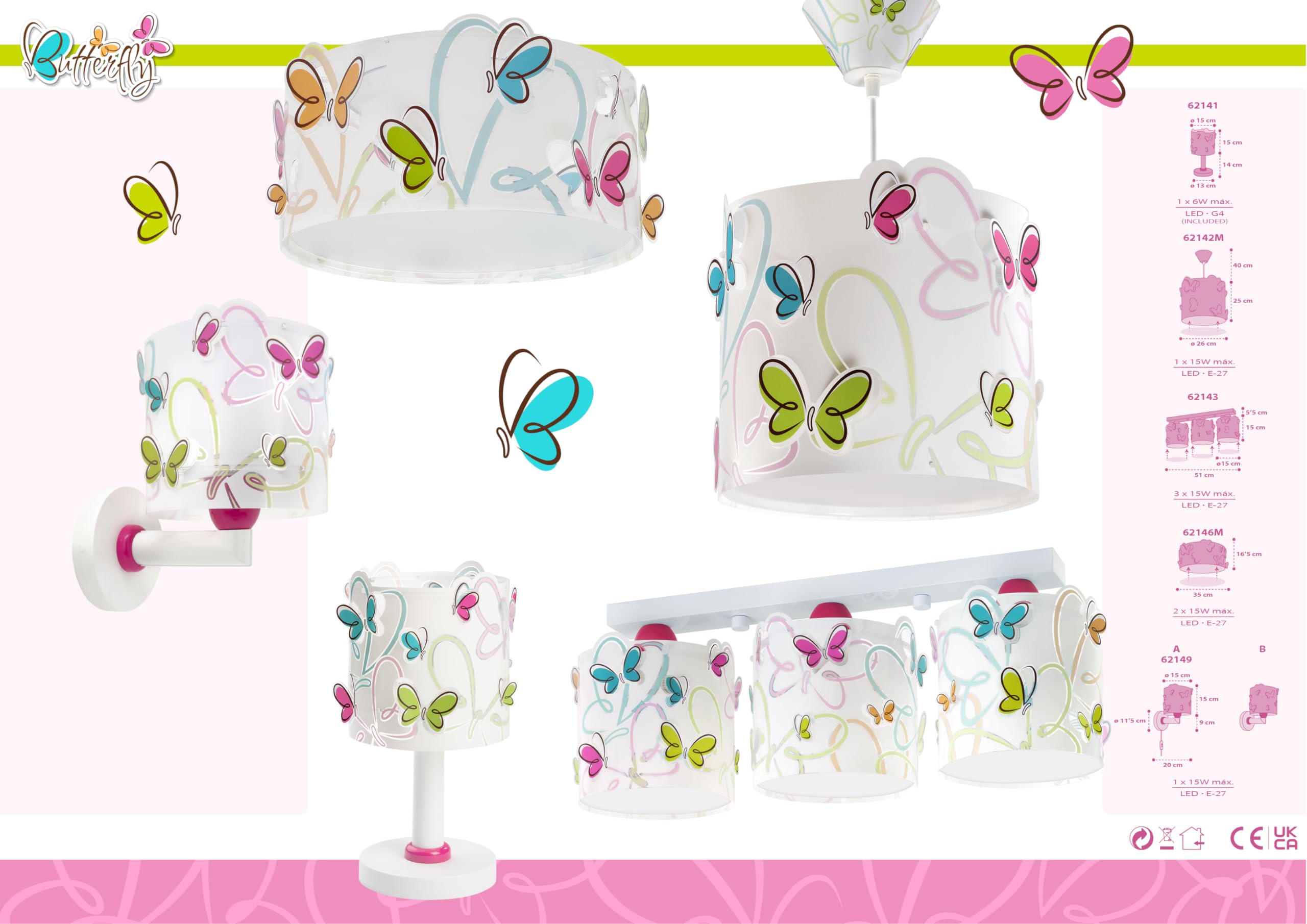 Dalber Lustre Chambre Lampe Suspension Plafonnier Enfants Butterfly E27