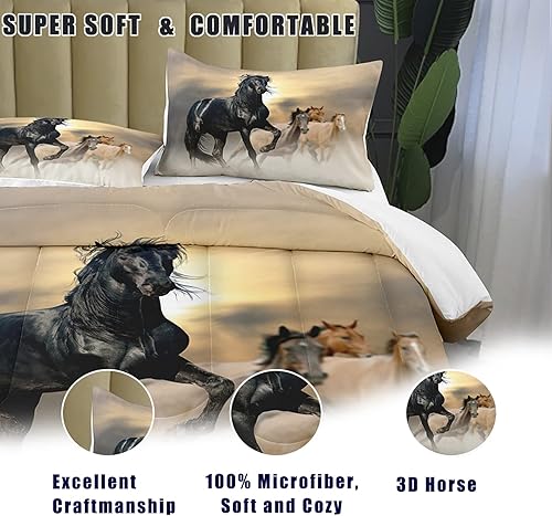 Miniatura 4 de Bodhi Juego de edredón de caballo tamaño matrimonial para niñas y niños, juego de ropa de cama con estampado de caballos en 3D, juego de edredón con