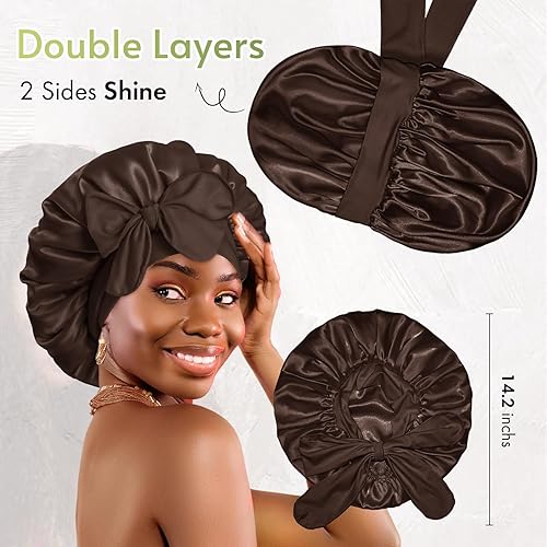 Miniatura 3 de BONNET QUEEN Gorro de seda para dormir, gorro de satén ajustable, gorro de satén de doble capa sedoso para dormir por la noche, envoltura para el