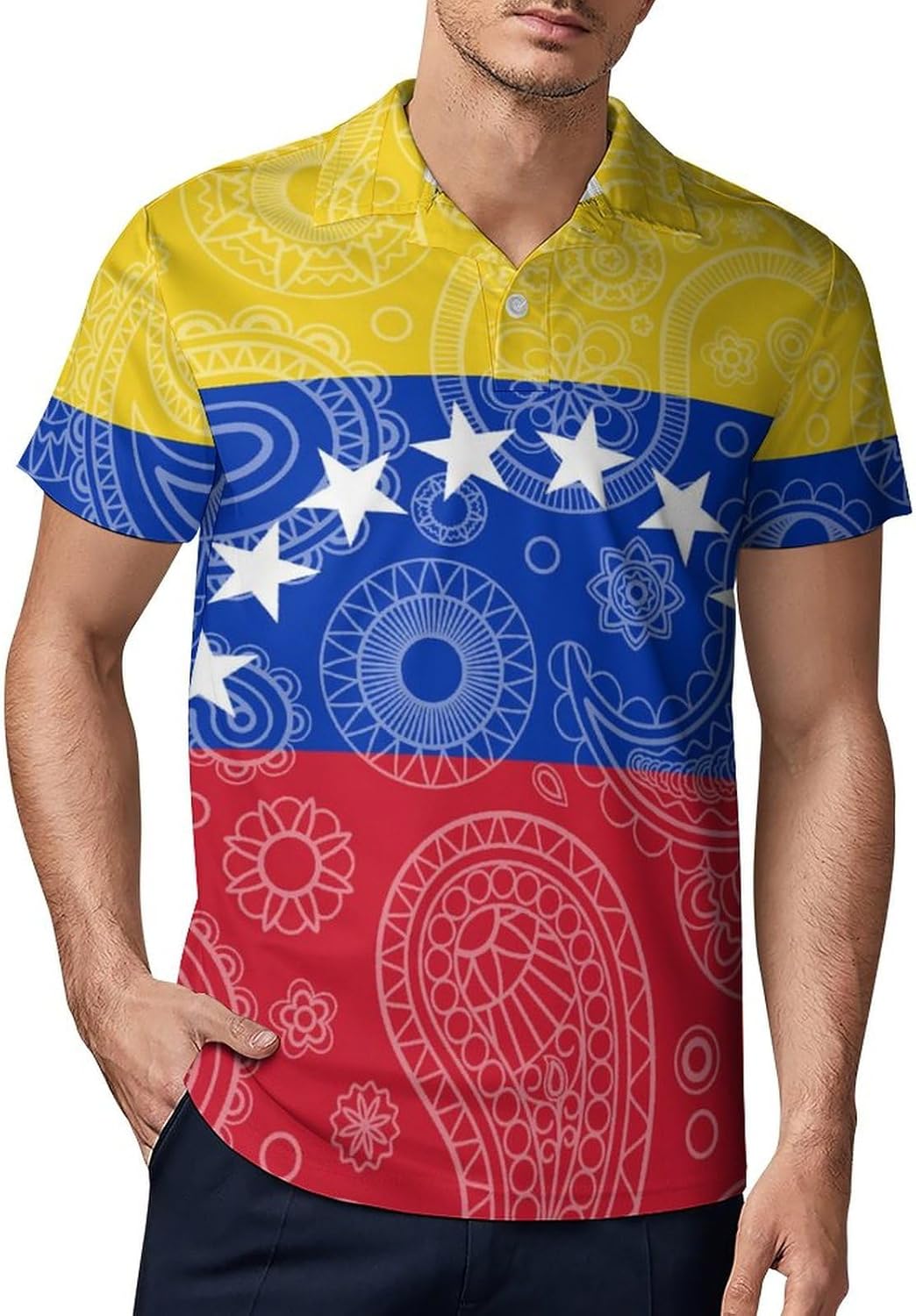 Venezuela Flag Paisley Pattern Novelty Men's Short Sleeve Shirt Golf Tennis Shirts Work T-Shirt Sport Tee