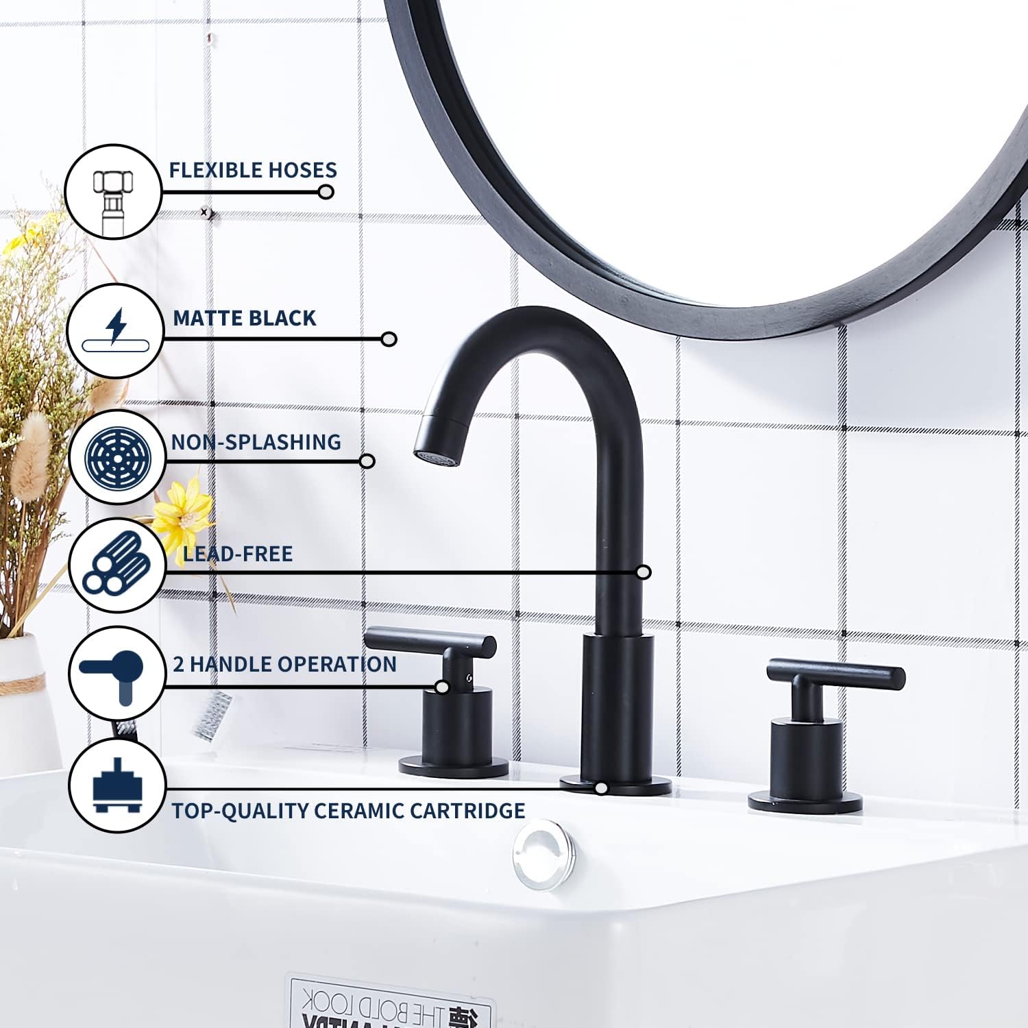 New Deal GGStudy Black Bathroom Faucet 2-Handles 3 Holes 360 Swivel Spout Widespread Bathroom Sink Faucet with Pop Up Drain