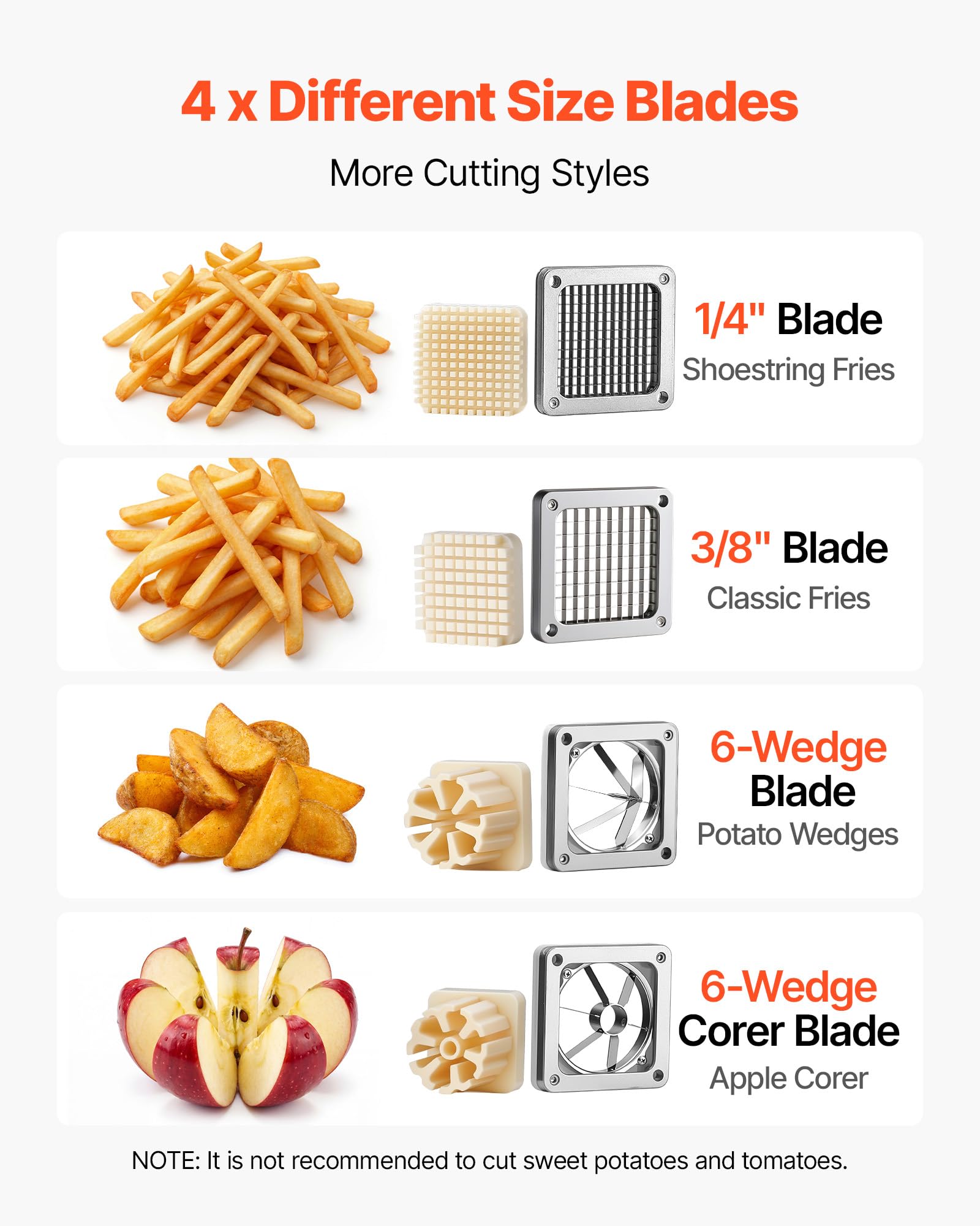 VEVOR Coupe Frites Manuel, Coupe Légumes en Bâtonnets Professionnel, pour Pomme de Terre Fruits Cuisine Restaurant, 4 Couteaux de Rechange en Inox 6 mm 9 mm Coupe-pomme et Vide-pomme 6 Quartiers