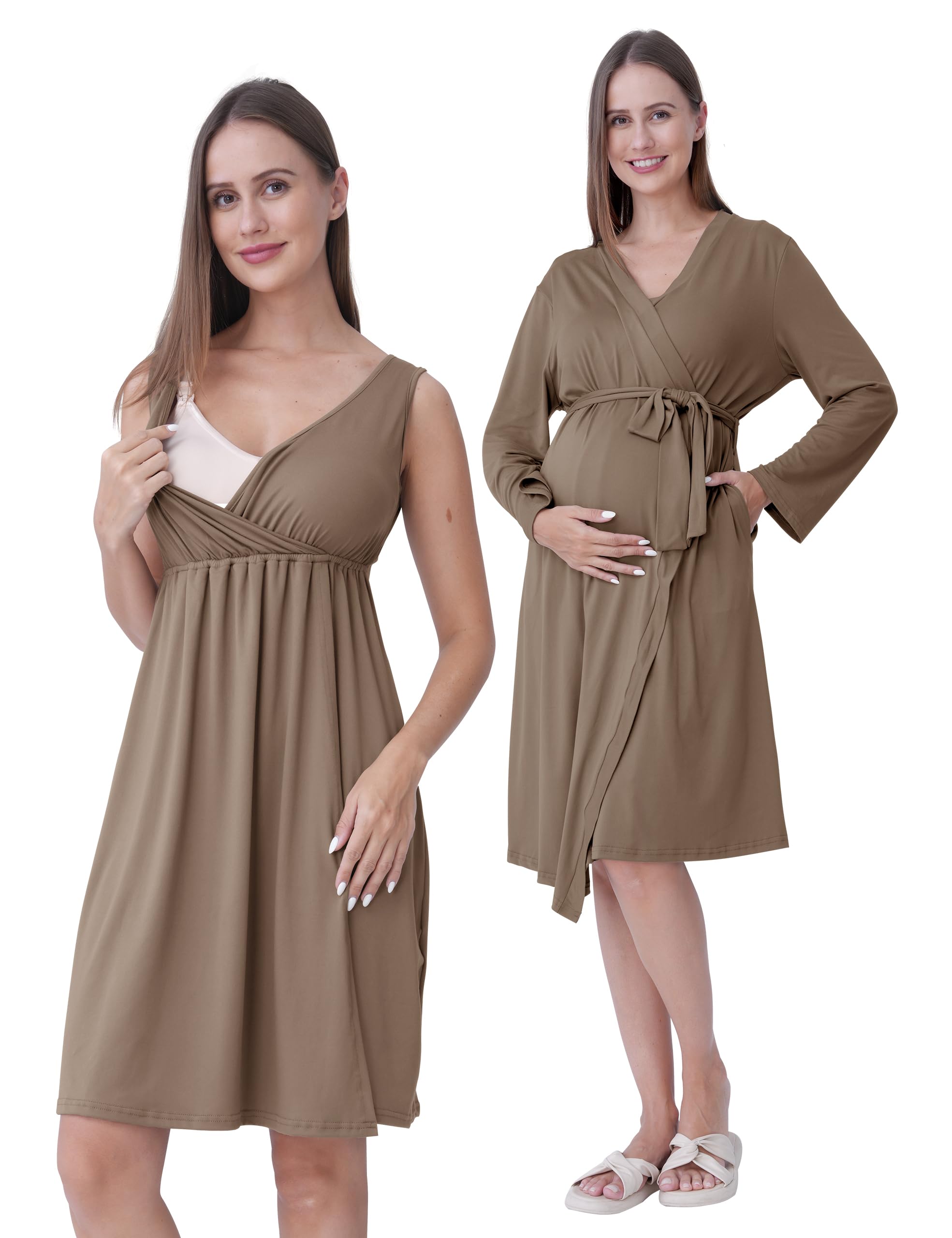 SUNNYBUY Camicia da notte premaman e allattamento con vestaglia, 2 pezzi, marrone, M | Biancheria da notte 3 in 1, per la nascita e il letto settimanale, adatta all'allattamento, vestaglia con tasche