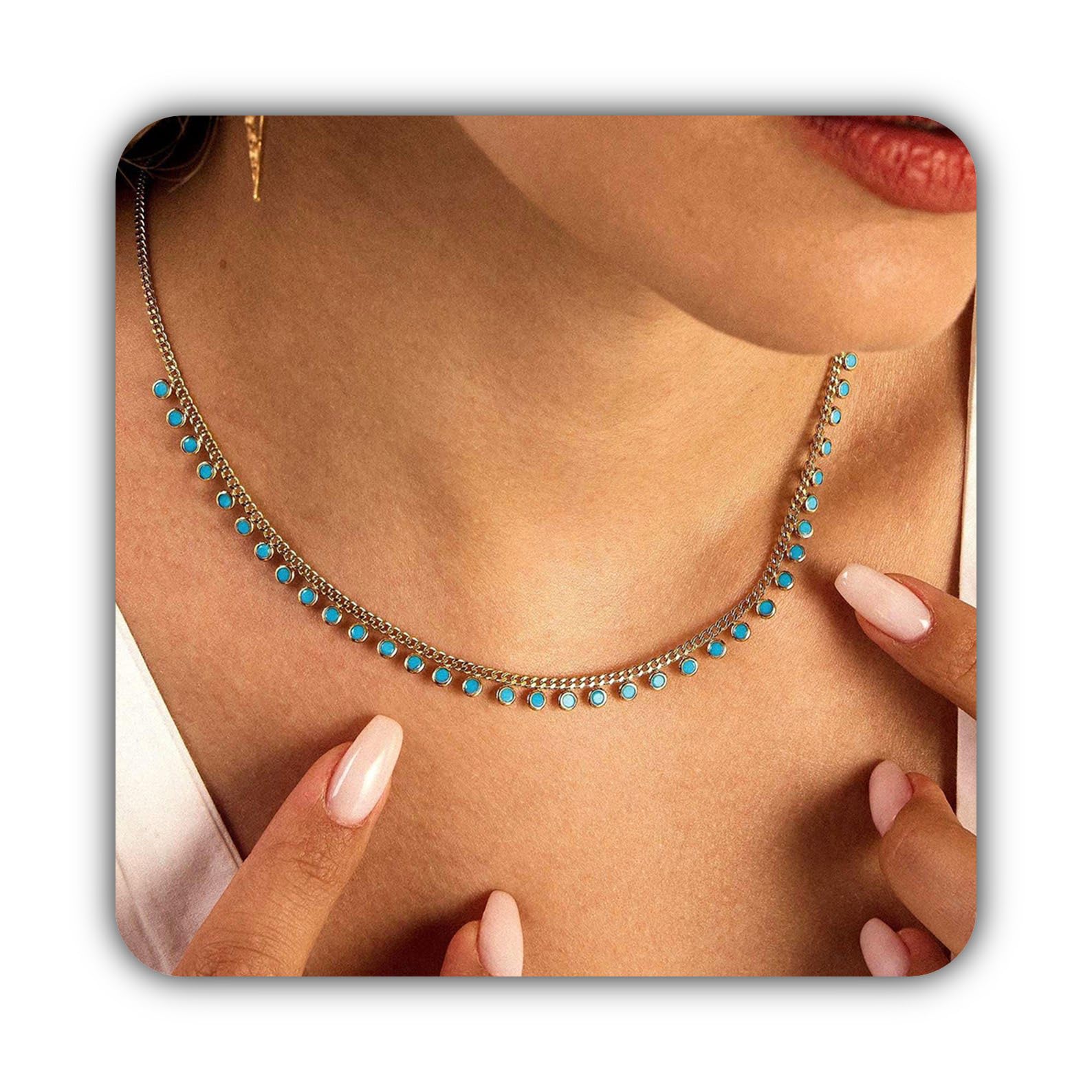 18K oro delicato Turquoise collana, Rowed pietra con sfere argento sterling blu Natale