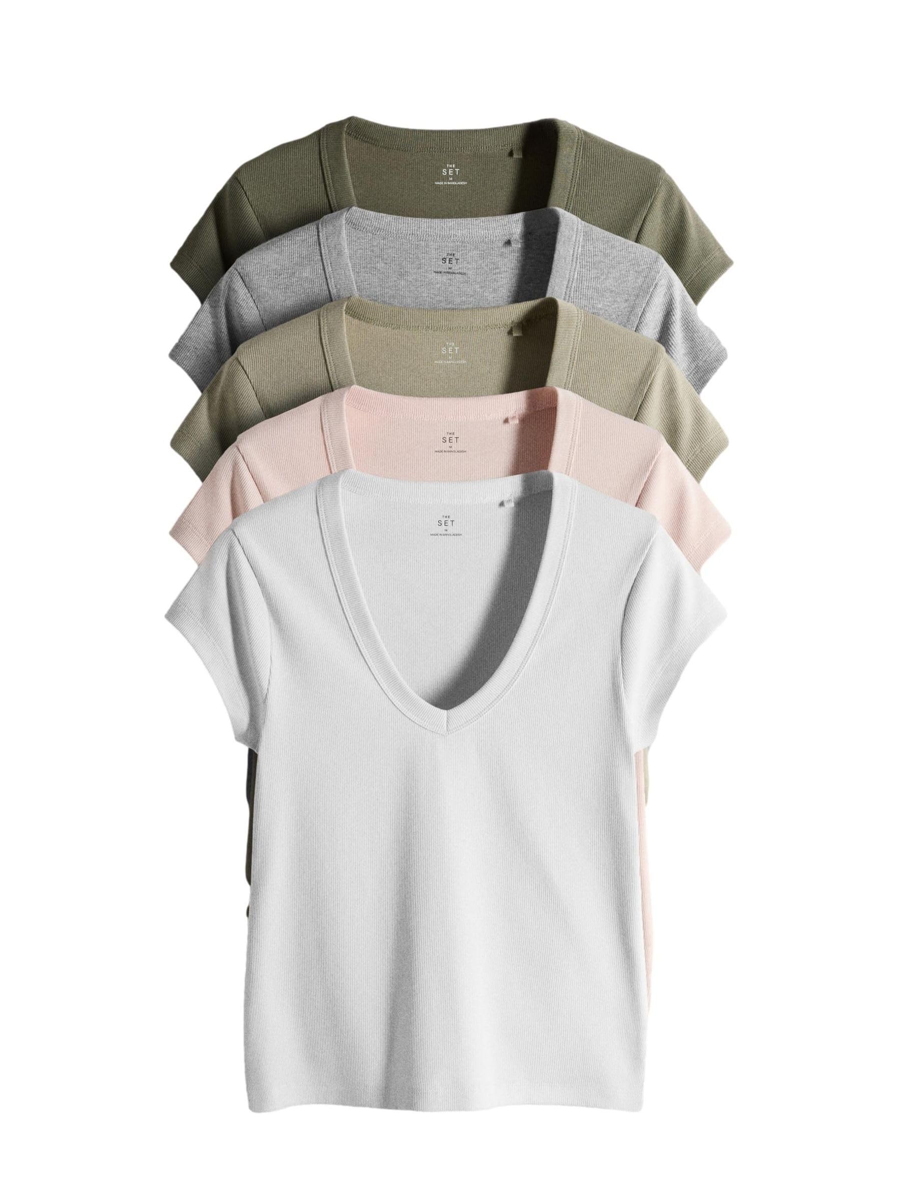 THE SET Mujeres Pack de 5 Camisetas con Manga Japonesa y Cuello de Pico