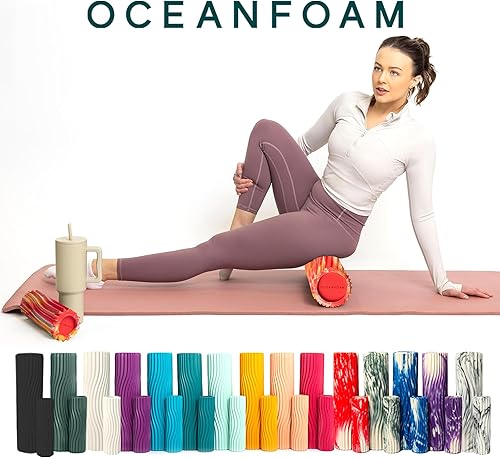 Miniatura 35 de Oceanfoam Tidal Roller - Rojo, Azul Marino Oscuro y Natural Marmóreo - Rodillo de espuma para masaje muscular para dolor de espalda y estiramiento -