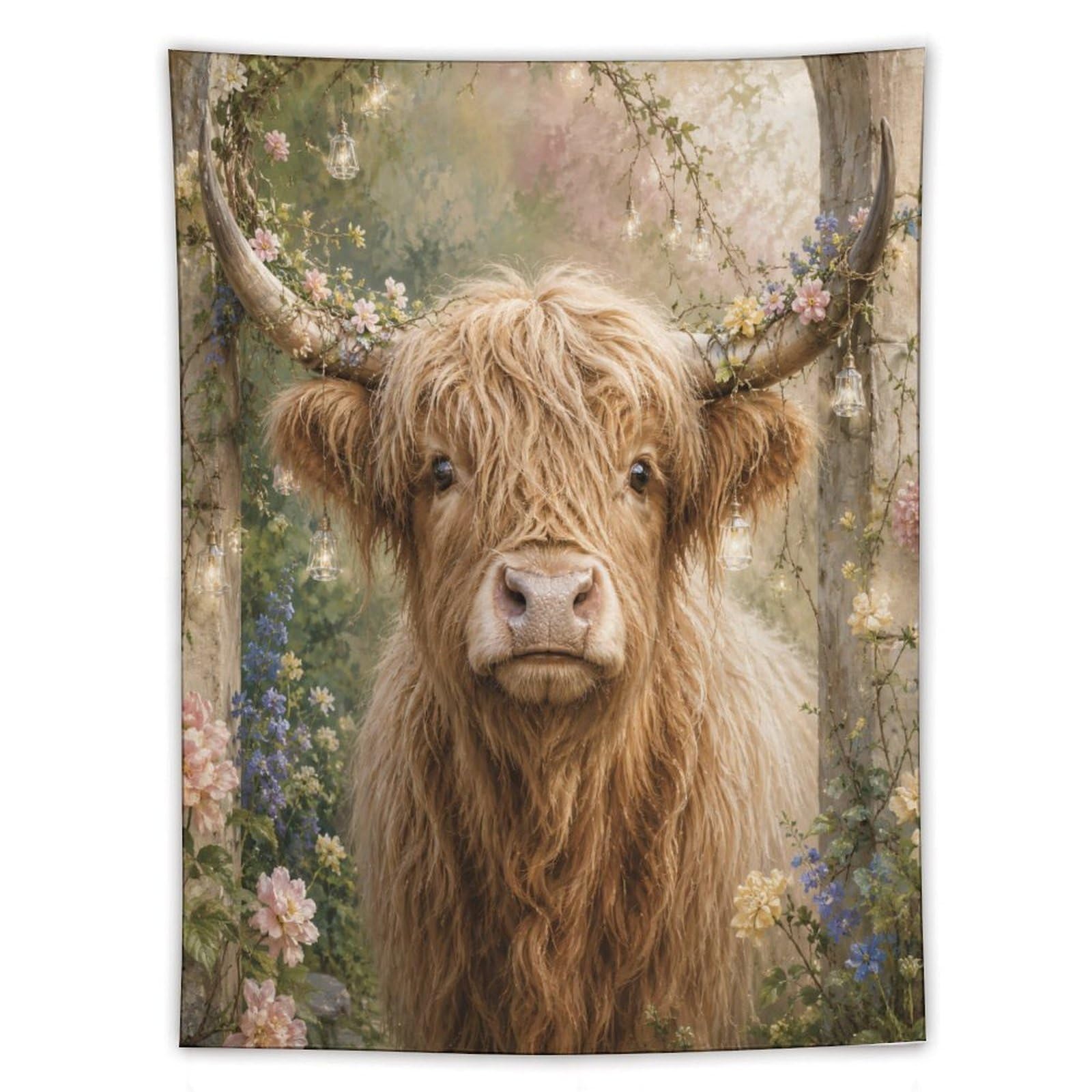 W7C8U2X3 Highland Cow Garden Portrait Wall Tapestry, Reading Corner