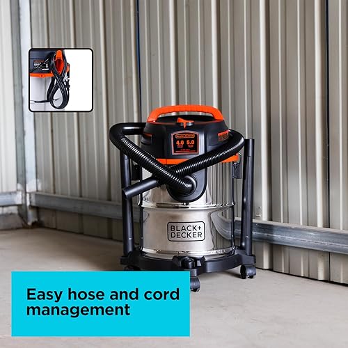 Miniatura 5 de BLACK+DECKER Shop Aspiradora húmeda y seca, aspiradora de acero inoxidable 3 en 1 de 5 galones con accesorios, aspiradora de 4 HP, para taller,