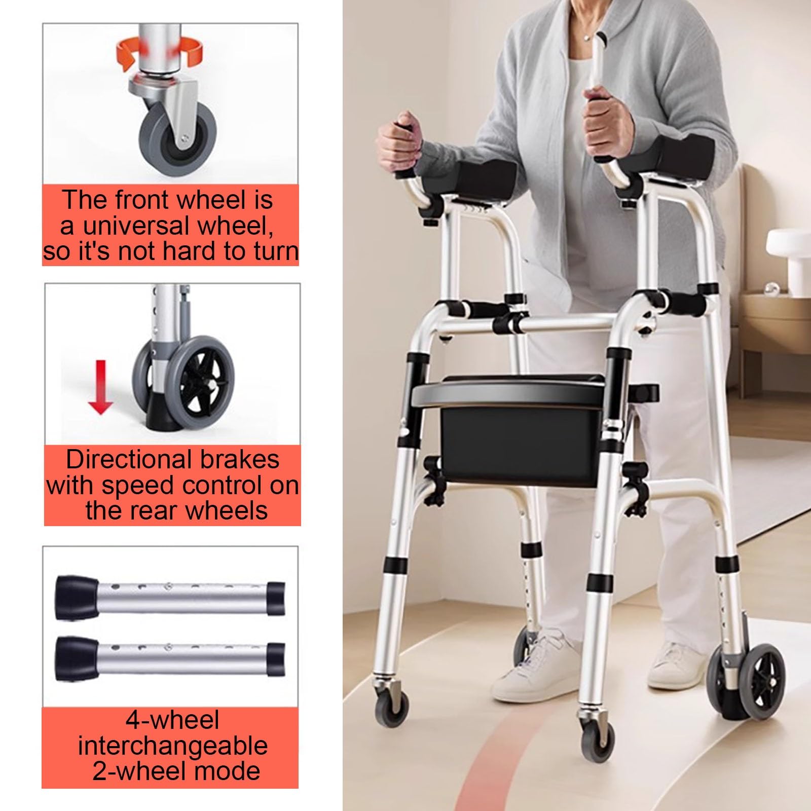 Andador de 4 Ruedas con Asiento y Frenos,Plegable,con Asiento y reposabrazos extraíbles,4 Ruedas,Altura Ajustable,Plegable,Apto for Personas Mayores y Personas con Movilidad Reducida