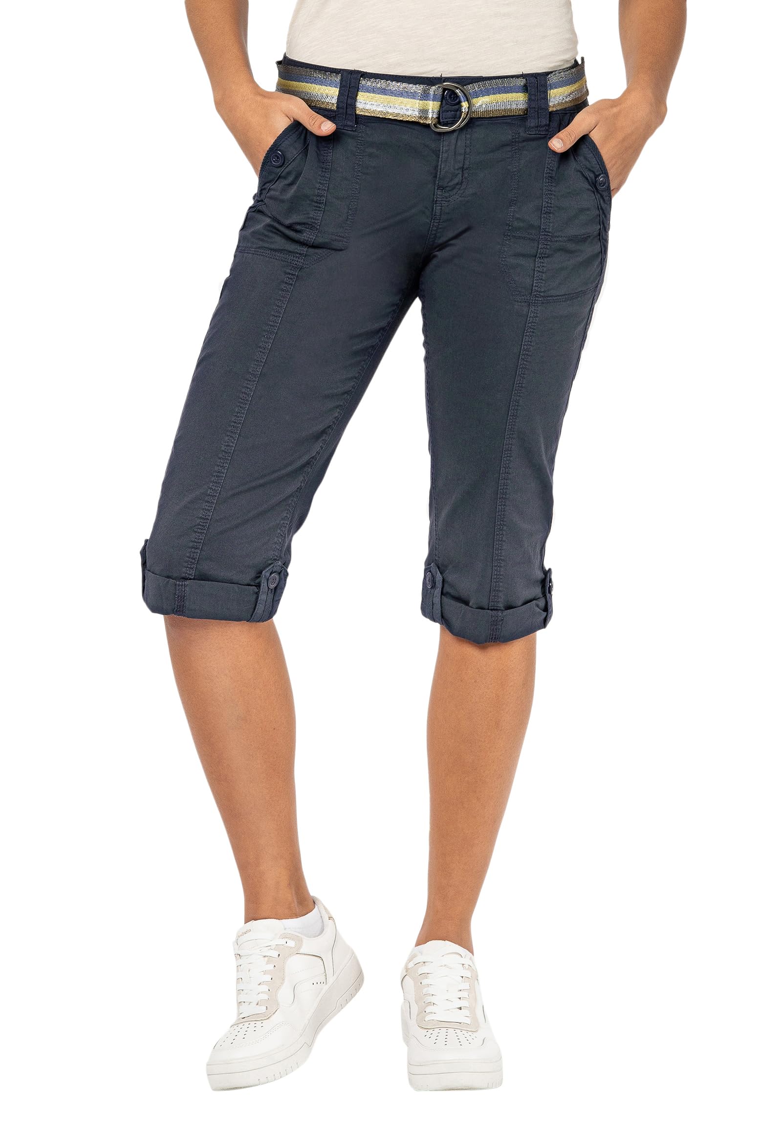 FRESH MADE Damen Capri-Hose 3/4-Shorts mit Metallic Gürtel