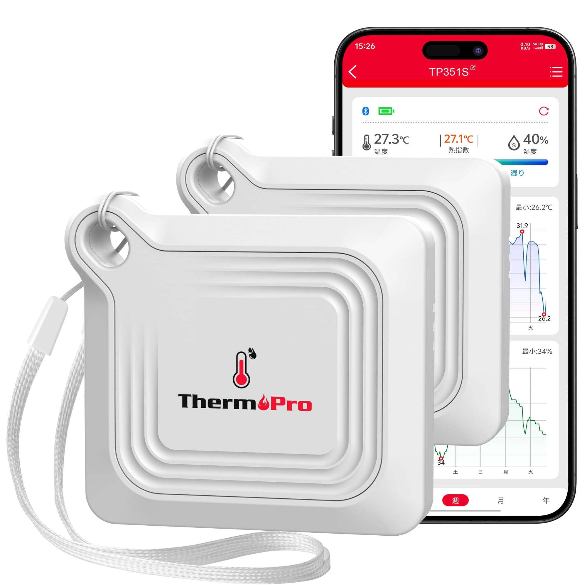 ThermoPro 温湿度計 Bluetooth 温度計 湿度計 温度湿度計 デジタル 高精度 スマホ連動 アラーム機能 ストラップ付 梅雨 熱中症対策 乾燥対策 温室 部屋 室内用温湿度計 ミニサイズ TP351 (2個)