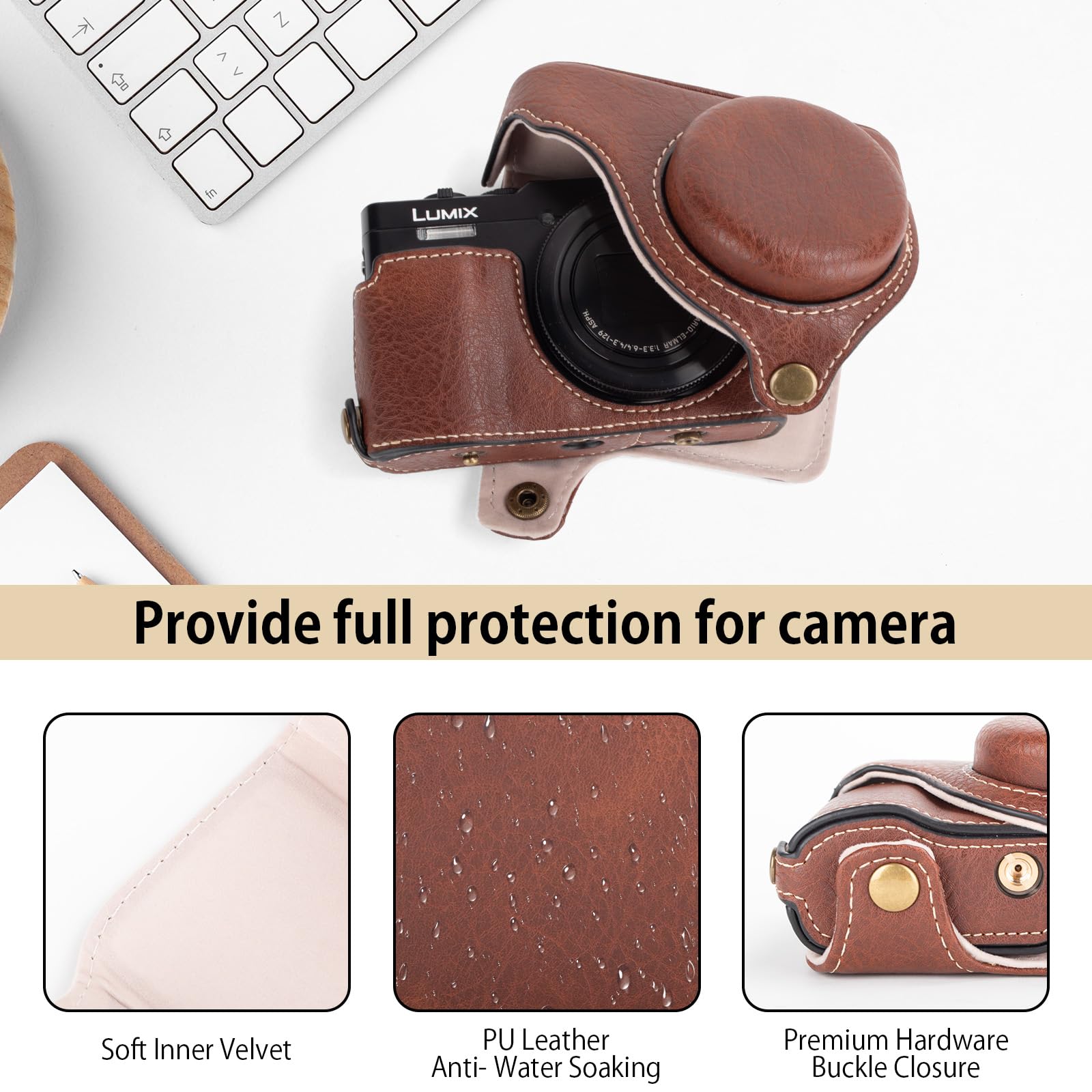 MUZIRI KINOKOO Lumix TZ99 Housse, étui de Protection en Cuir PU pour Appareil Photo numérique Panasonic Lumix DC-TZ99, Sacoche de Transport détachable avec bandoulière réglable - Café