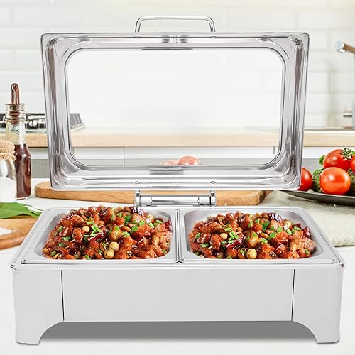 Plato eléctrico de chef con tapa enrollable, calentadores de bufé de acero inoxidable con temperatura ajustable, calentador de alimentos comercial