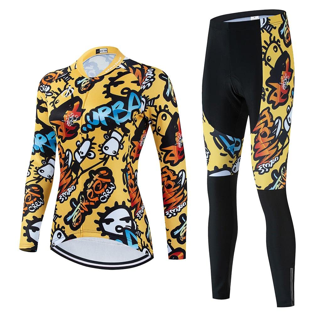 MOXILYN Women Cycling Long Sleeve Jersey Set 20D Padded Bib Pants Bike Suit Breathable Bicycle Clothing Kit UV Protection