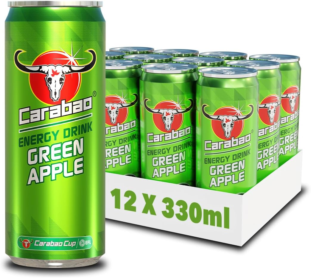 Energy Drink Green Apple, 12 x 330ml Cans Case, Low Calorie, Lower Sugar, Fizzy Fruit Flavour, Vegan, Gluten Free Drink. B Vitamins, Taurine, Caffeine with Zero Crash, Bulk Crates, Multipack