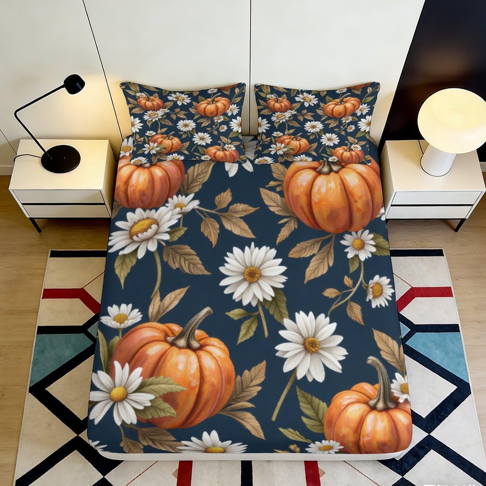 3D Printed Pumpkin Daisy Fitted Sheet Microfiber Deep Pocket Non-Slip Bedroom Bedding Pumpkin Daisy Mattress Fitted Cover 90x200x25cm