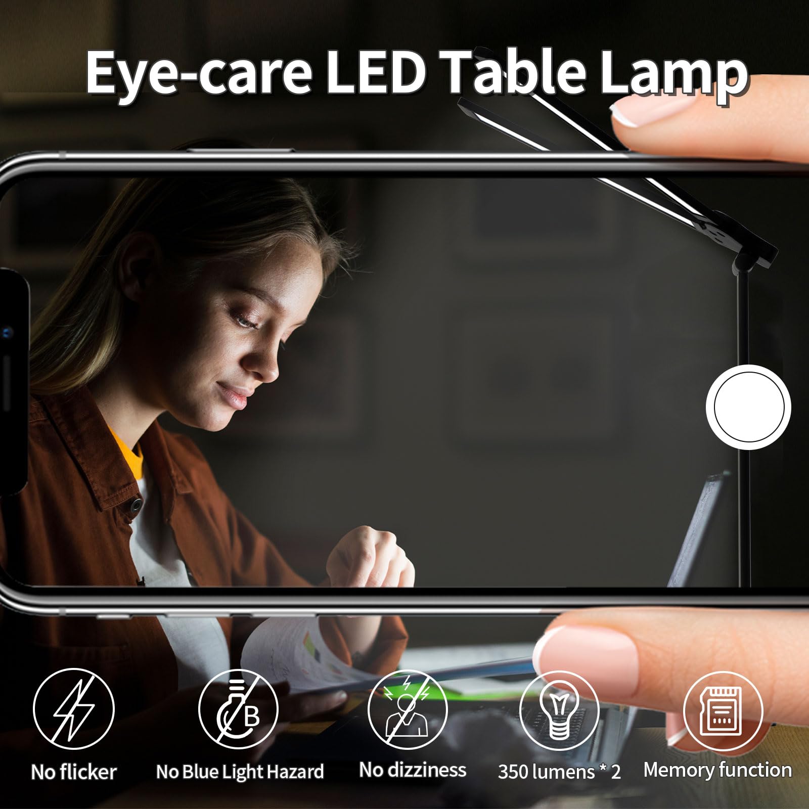 LQWELL® Lampe de bureau LED à intensité variable à double extrémité, 5 couleurs et 10 luminosité, lampe de lecture sans danger pour les yeux, commande tactile et fonction mémoire, minuterie