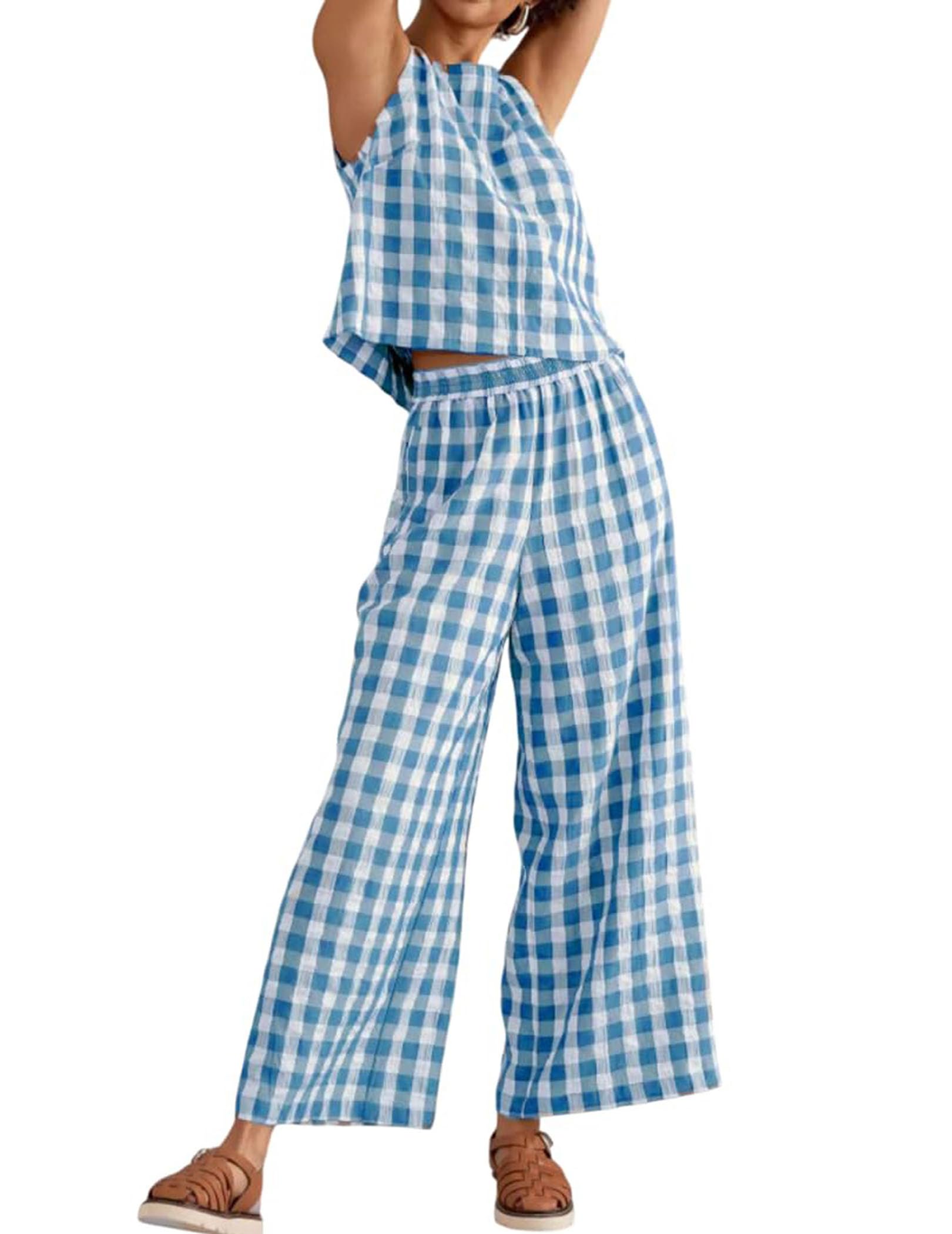 Conjunto 2 piezas top y pantalones a cuadros para mujer (azul XL)