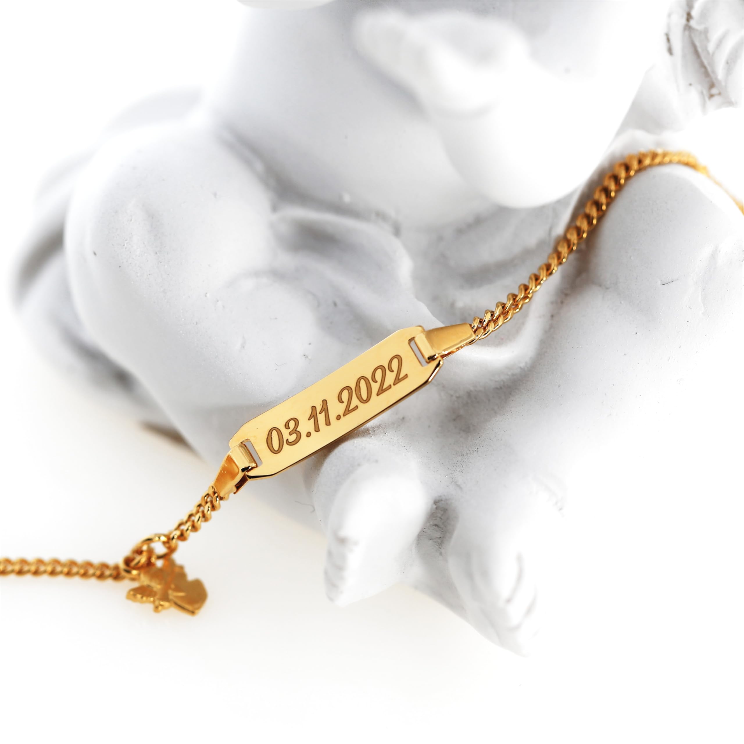 Baby ID Armband mit Engel Taufarmband Gravur Babyarmband 925 Silber vergoldet Taufschmuck mit Namen kurz 12cm 14cm Gold personalisiert