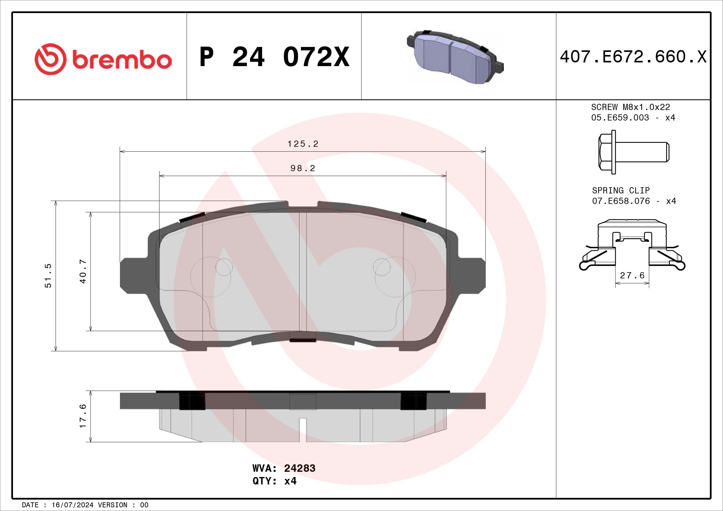 Brembo P 24 072X - Pastilla de freno